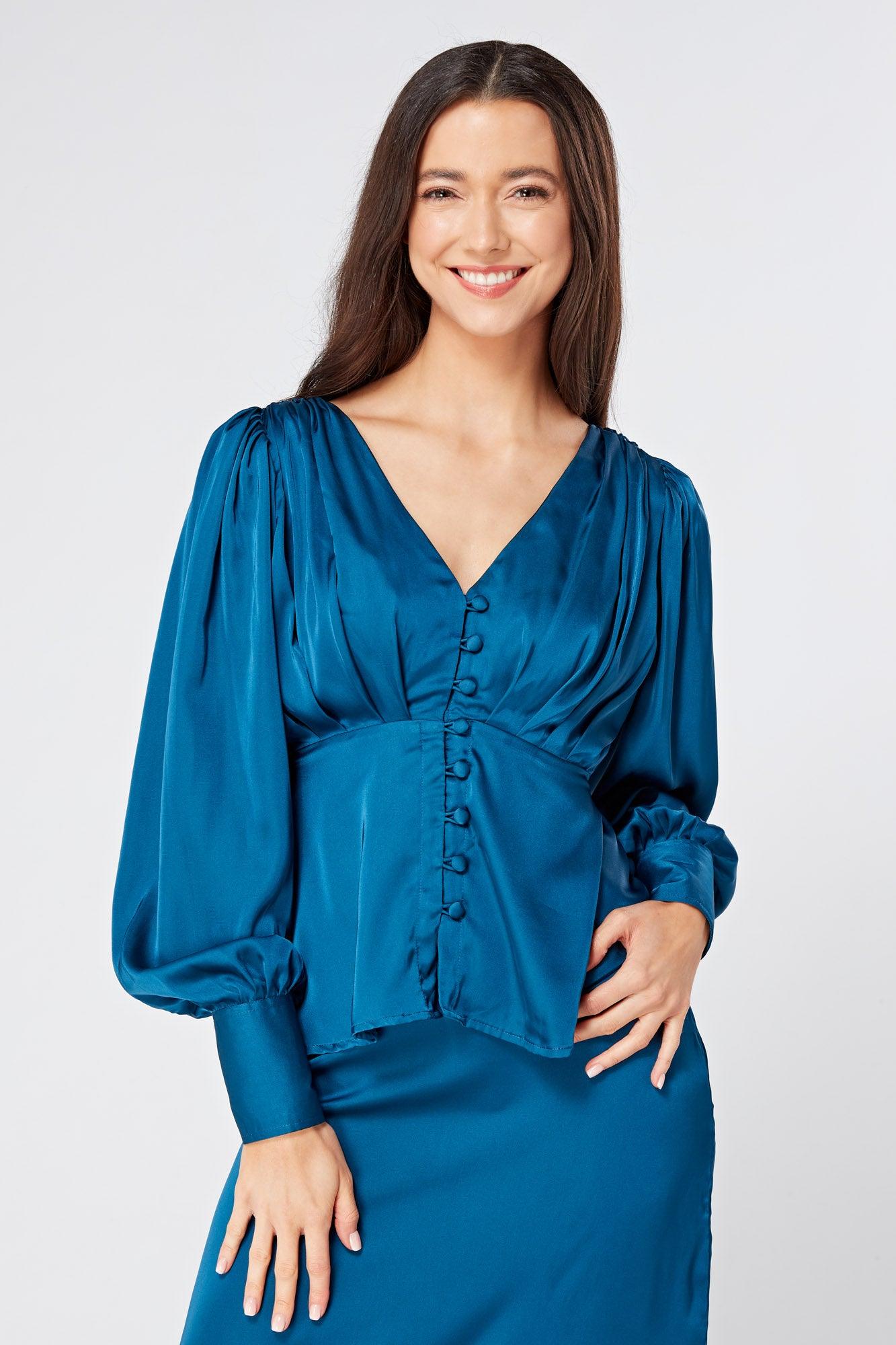 Elisa Blue Satin Buttoned Blouse With Long Sleeves - TAHLIRA