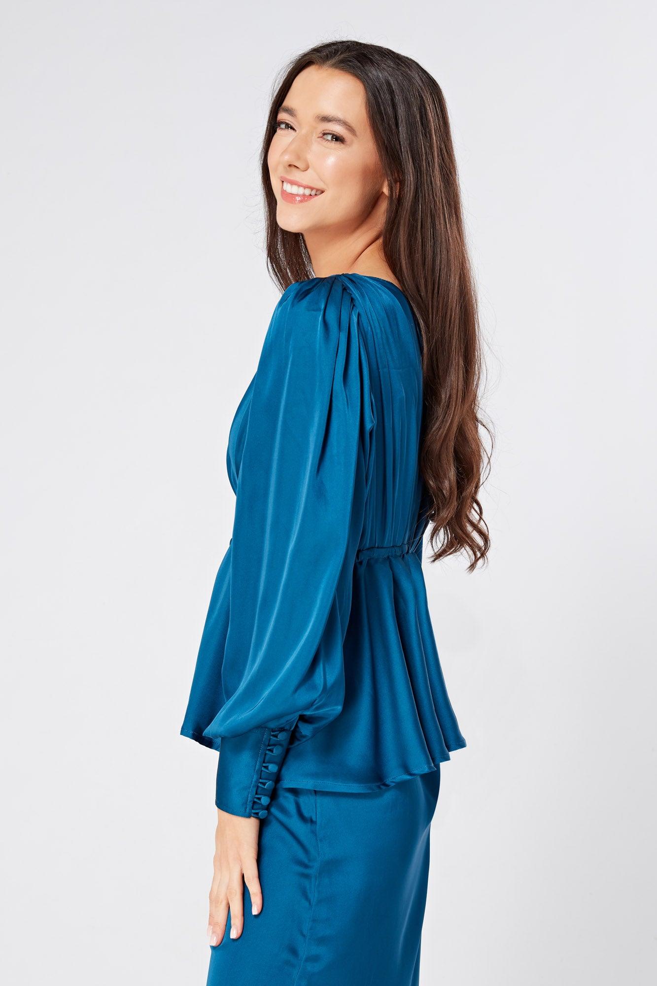 Elisa Blue Satin Buttoned Blouse With Long Sleeves - TAHLIRA