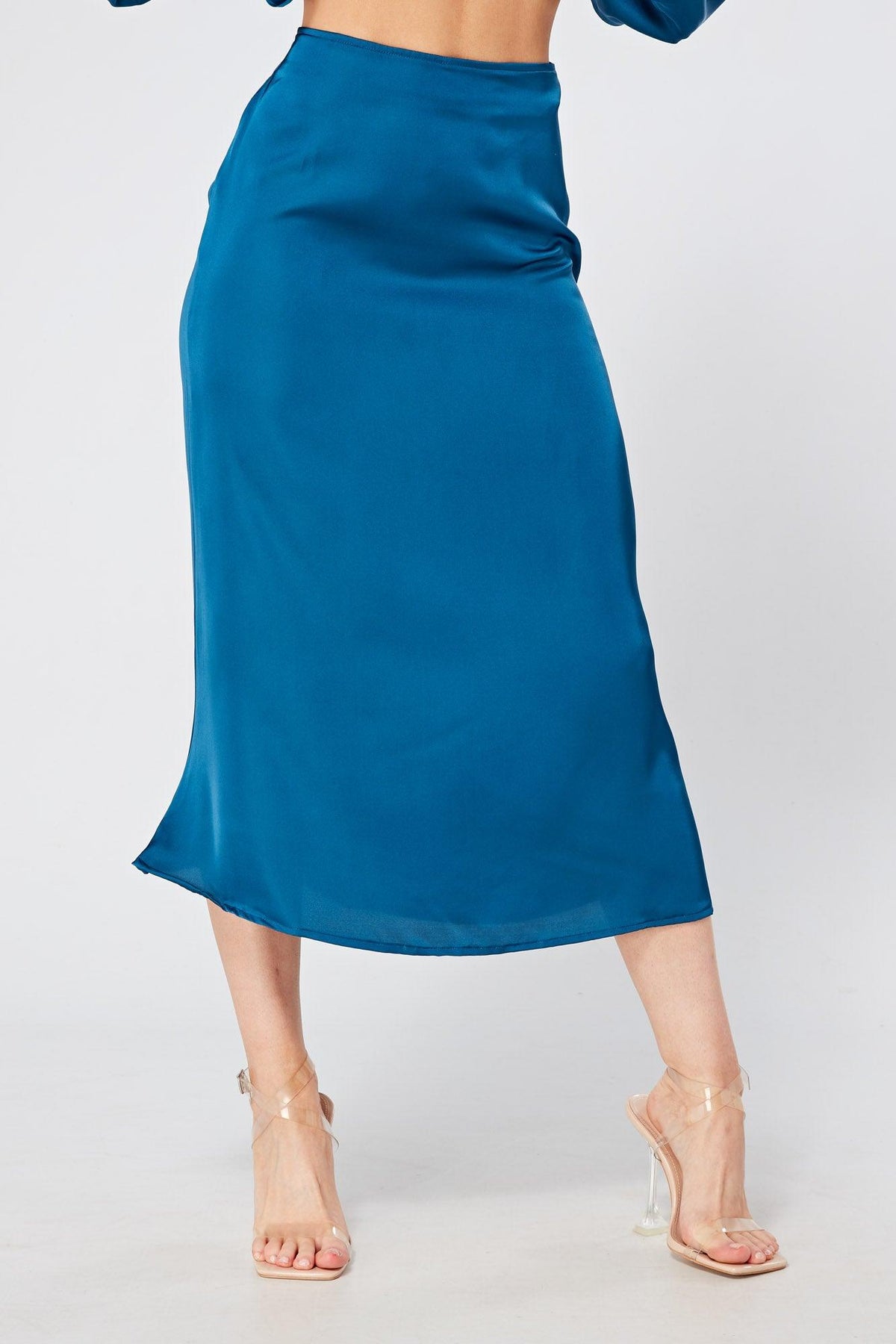 Elisa Blue Satin Flare Midi Skirt - TAHLIRA