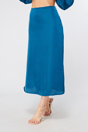 Elisa Blue Satin Flare Midi Skirt - TAHLIRA