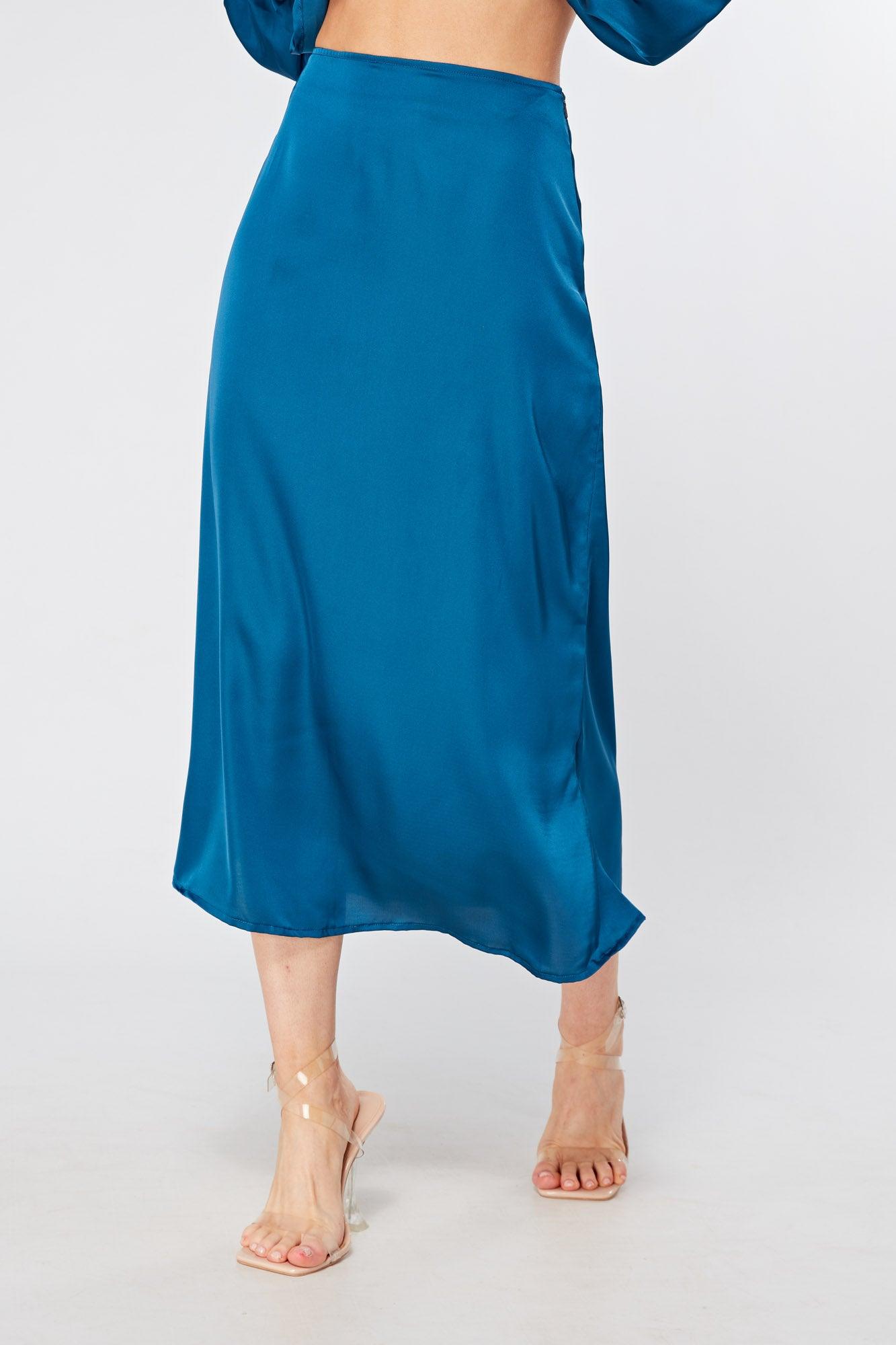 Elisa Blue Satin Flare Midi Skirt - TAHLIRA