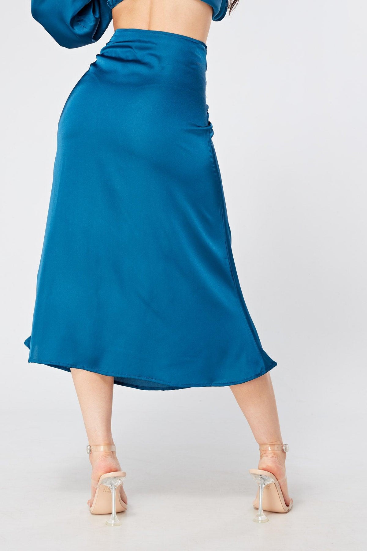 Elisa Blue Satin Flare Midi Skirt - TAHLIRA