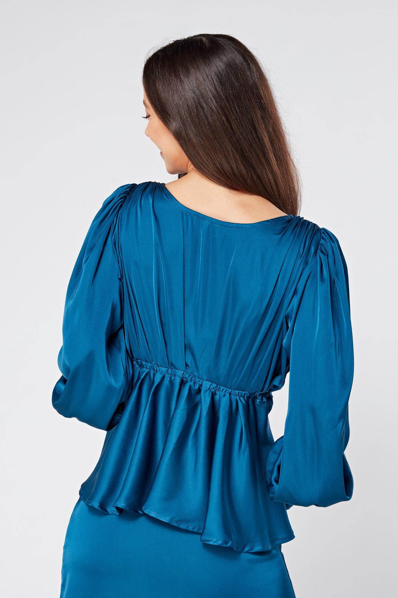 Elisa Blue Satin Buttoned Blouse With Long Sleeves - TAHLIRA