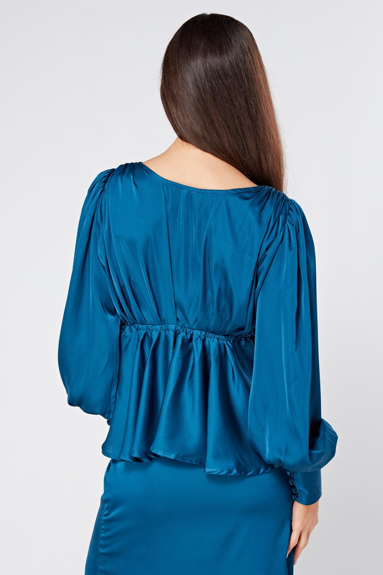 Elisa Blue Satin Buttoned Blouse With Long Sleeves - TAHLIRA