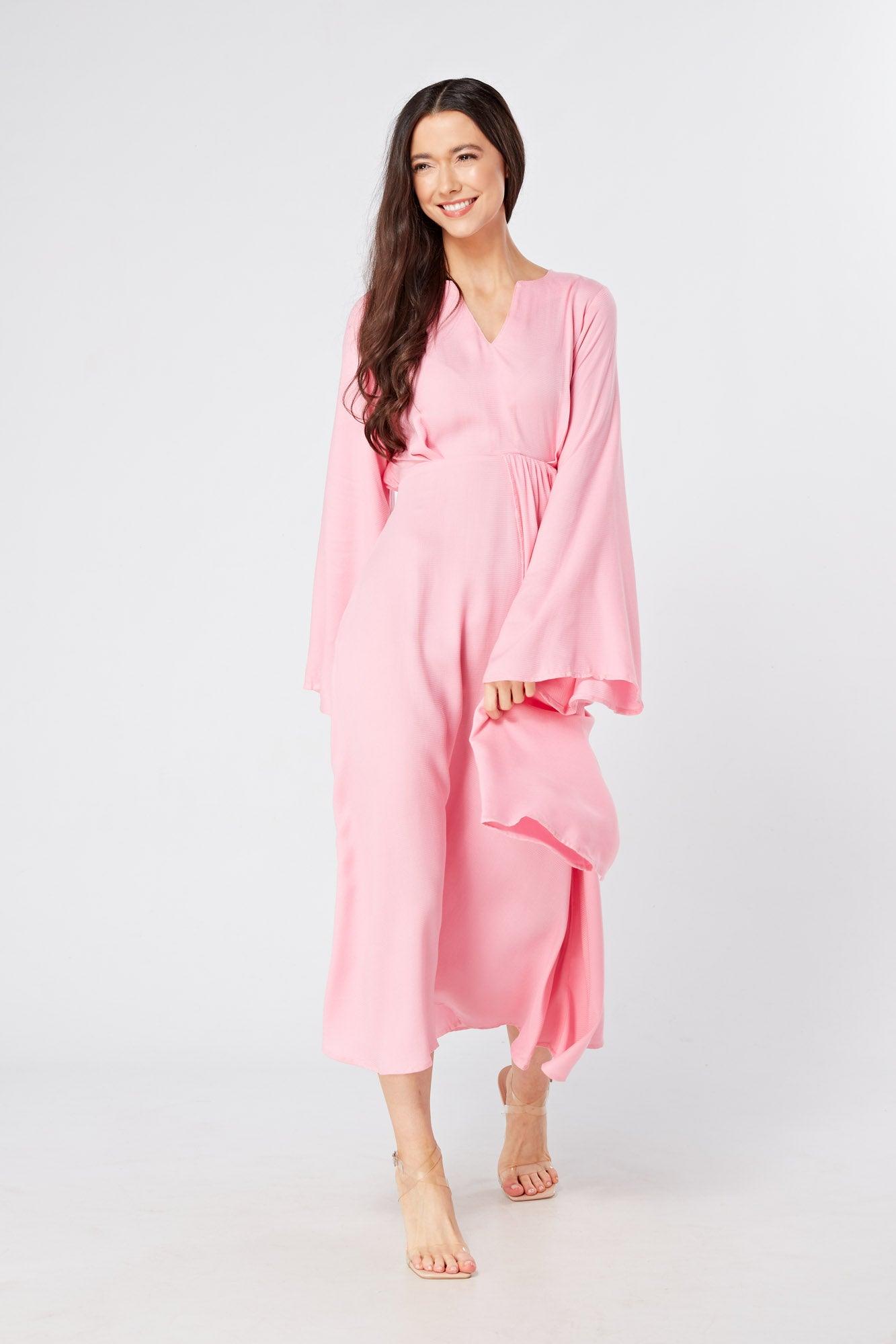 Hera Draped Super Soft Crepe Midi Dress With Long Kimono Sleeves - TAHLIRA