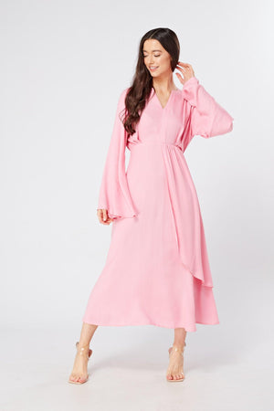 Hera Draped Super Soft Crepe Midi Dress With Long Kimono Sleeves - TAHLIRA