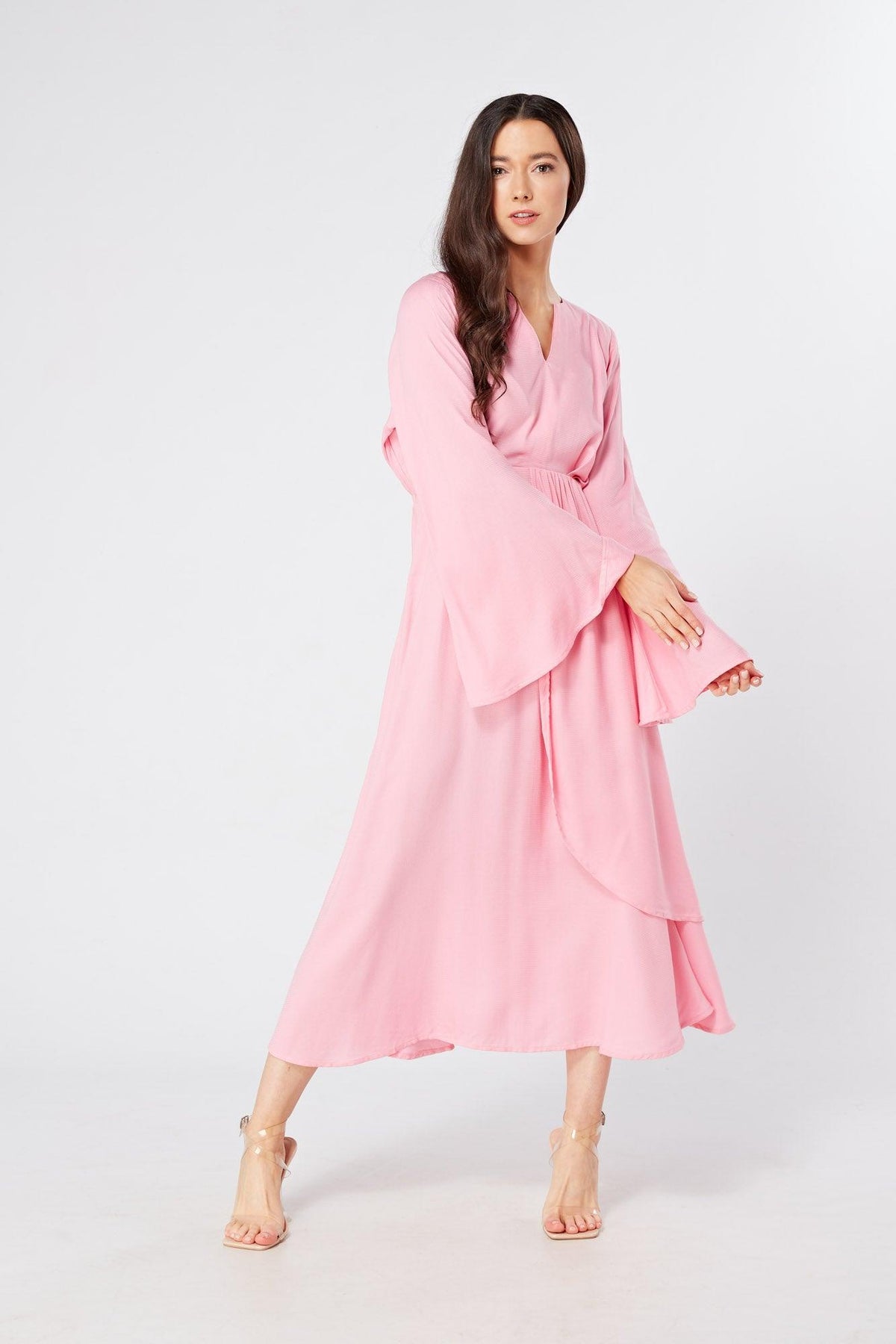 Hera Draped Super Soft Crepe Midi Dress With Long Kimono Sleeves - TAHLIRA