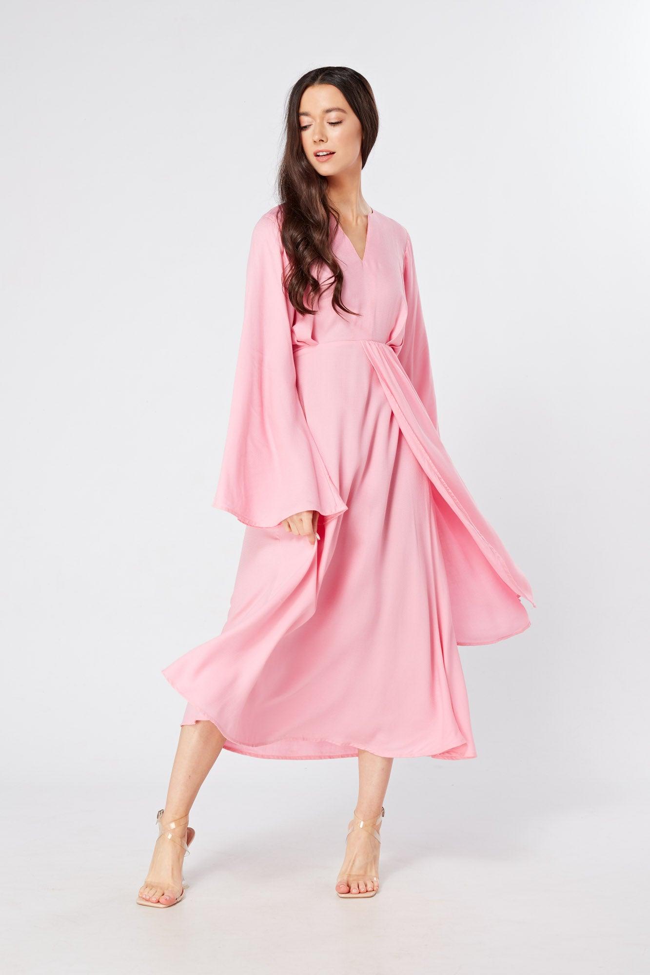 Hera Draped Super Soft Crepe Midi Dress With Long Kimono Sleeves - TAHLIRA