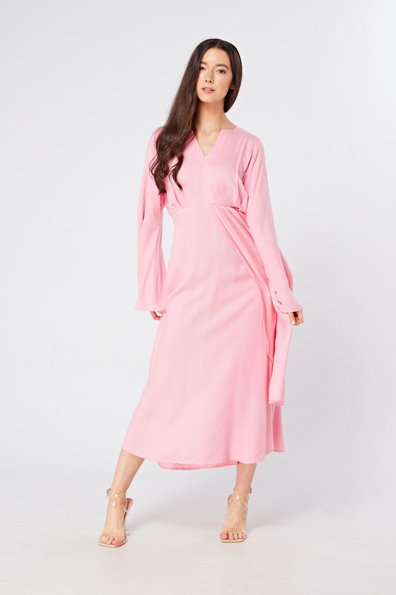 Hera Draped Super Soft Crepe Midi Dress With Long Kimono Sleeves - TAHLIRA