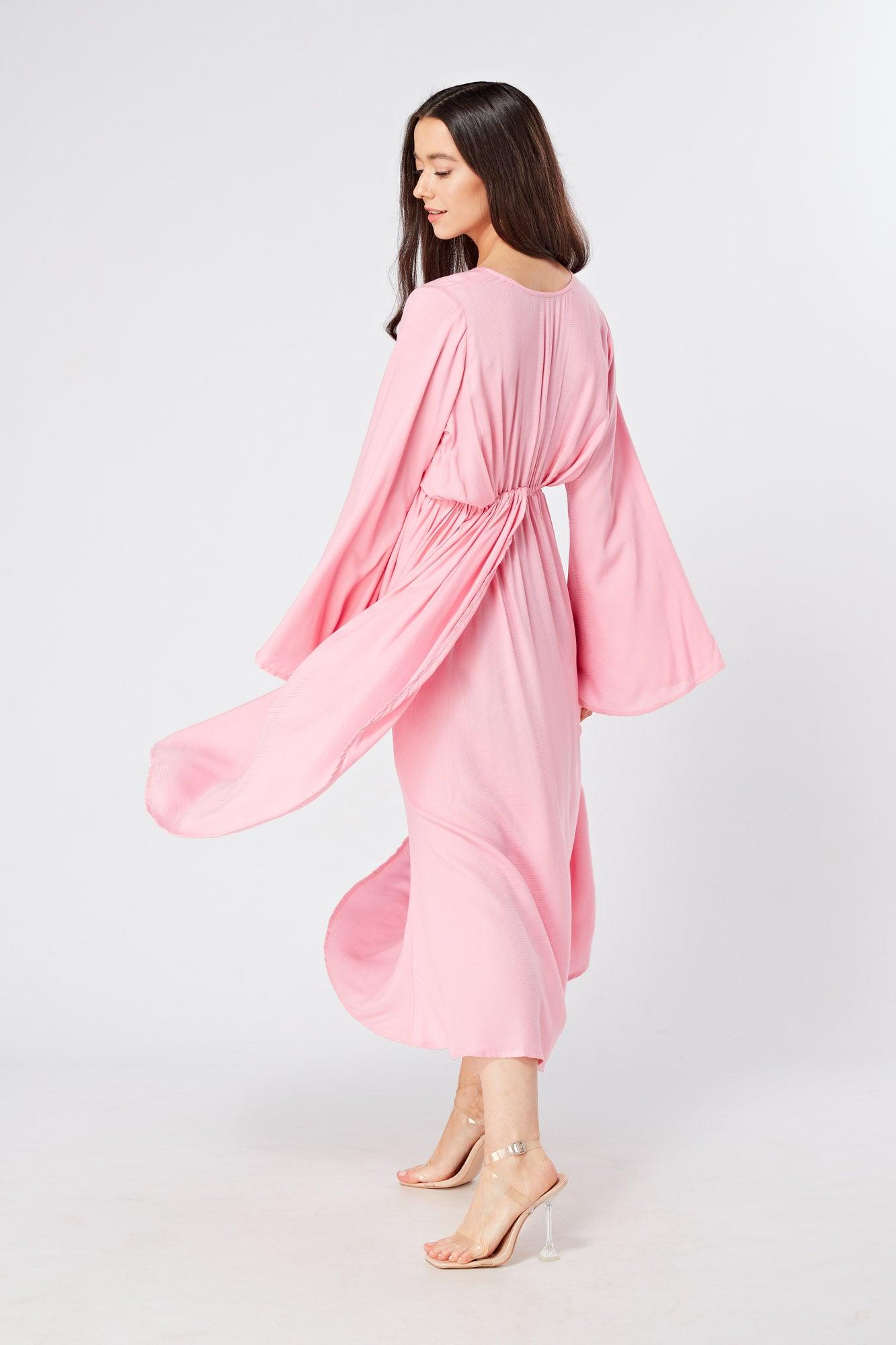 Hera Draped Super Soft Crepe Midi Dress With Long Kimono Sleeves - TAHLIRA