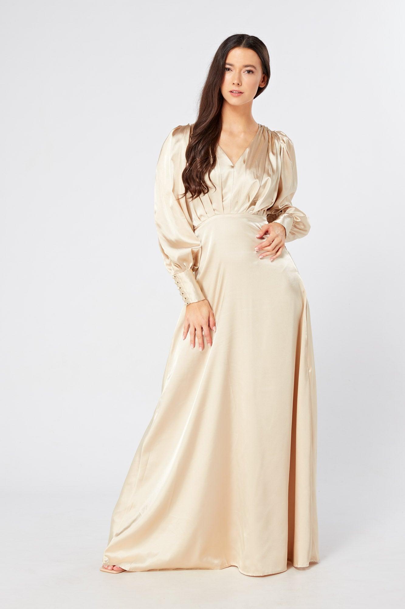 Gabriella Ivory Cream Maxi Satin Dress With Long Sleeves - TAHLIRA