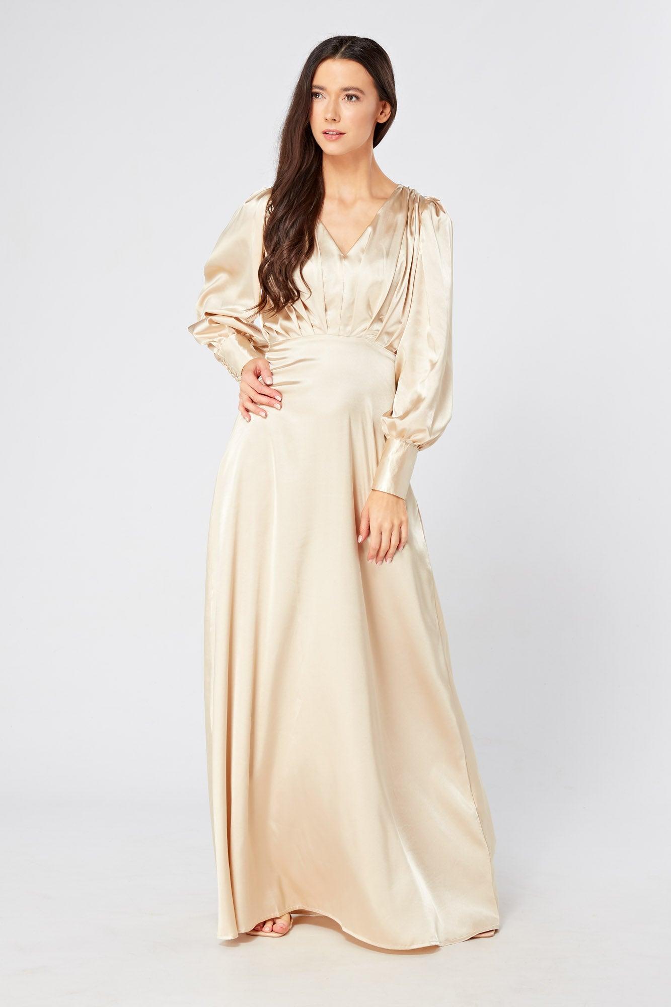 Gabriella Ivory Cream Maxi Satin Dress With Long Sleeves - TAHLIRA