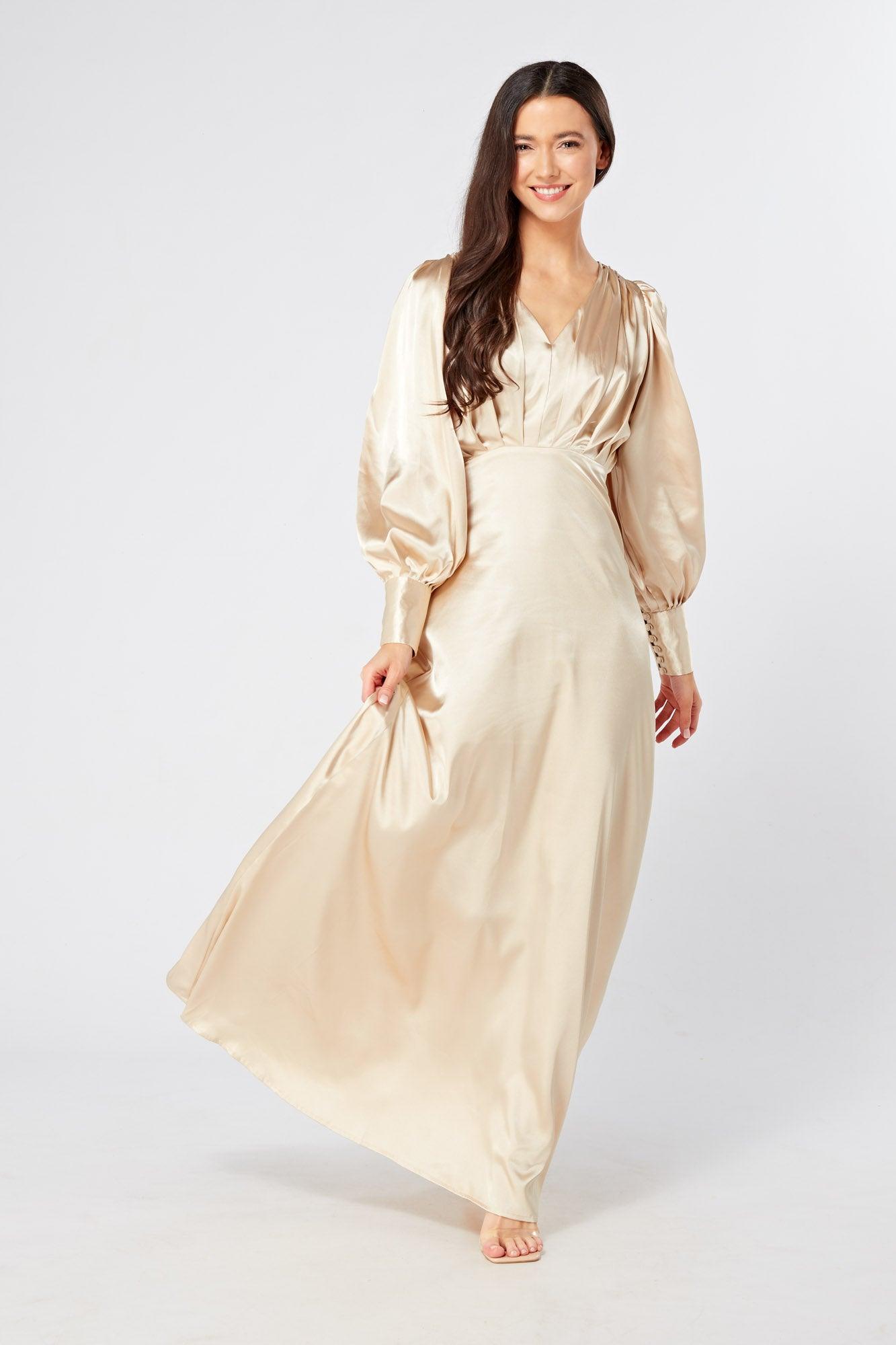 Gabriella Ivory Cream Maxi Satin Dress With Long Sleeves - TAHLIRA