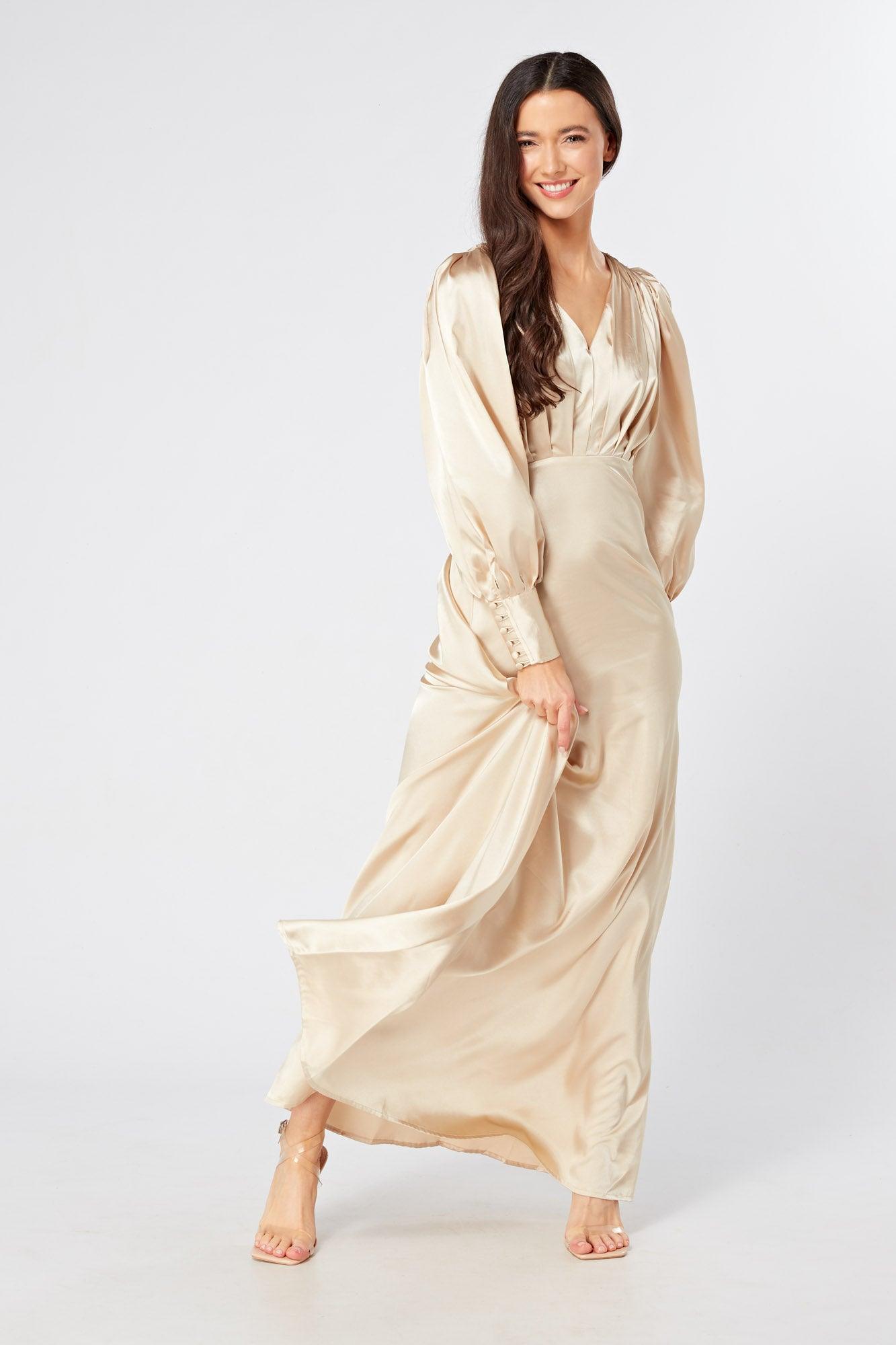 Gabriella Ivory Cream Maxi Satin Dress With Long Sleeves - TAHLIRA