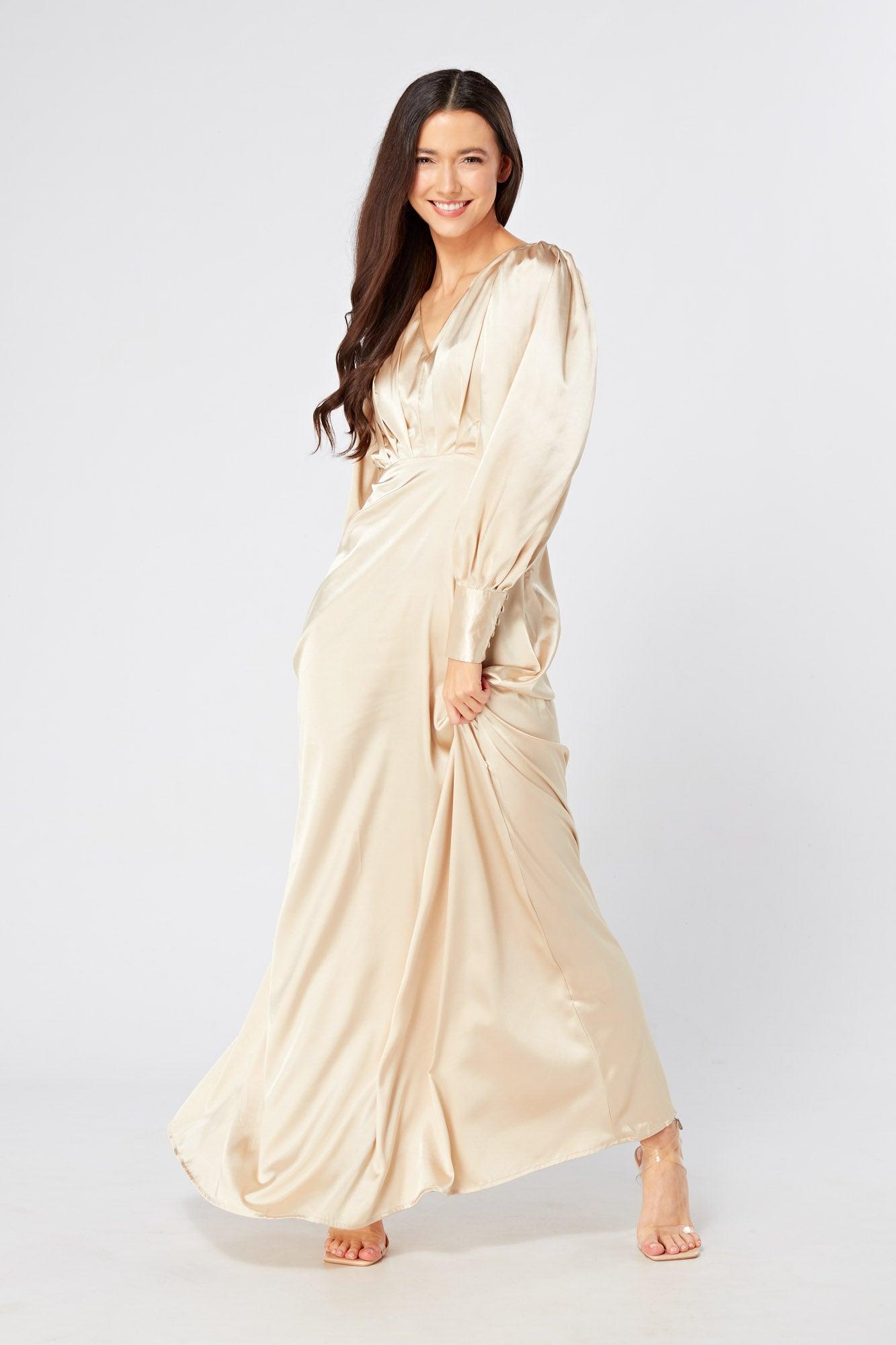 Gabriella Ivory Cream Maxi Satin Dress With Long Sleeves - TAHLIRA