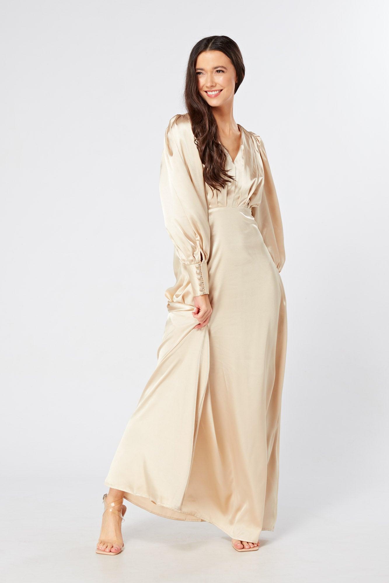 Gabriella Ivory Cream Maxi Satin Dress With Long Sleeves - TAHLIRA
