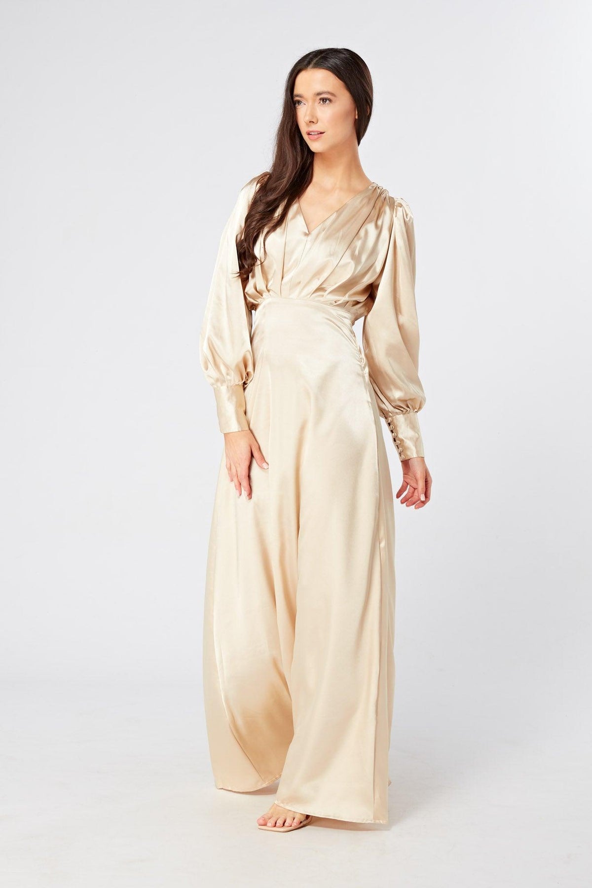 Gabriella Ivory Cream Maxi Satin Dress With Long Sleeves - TAHLIRA