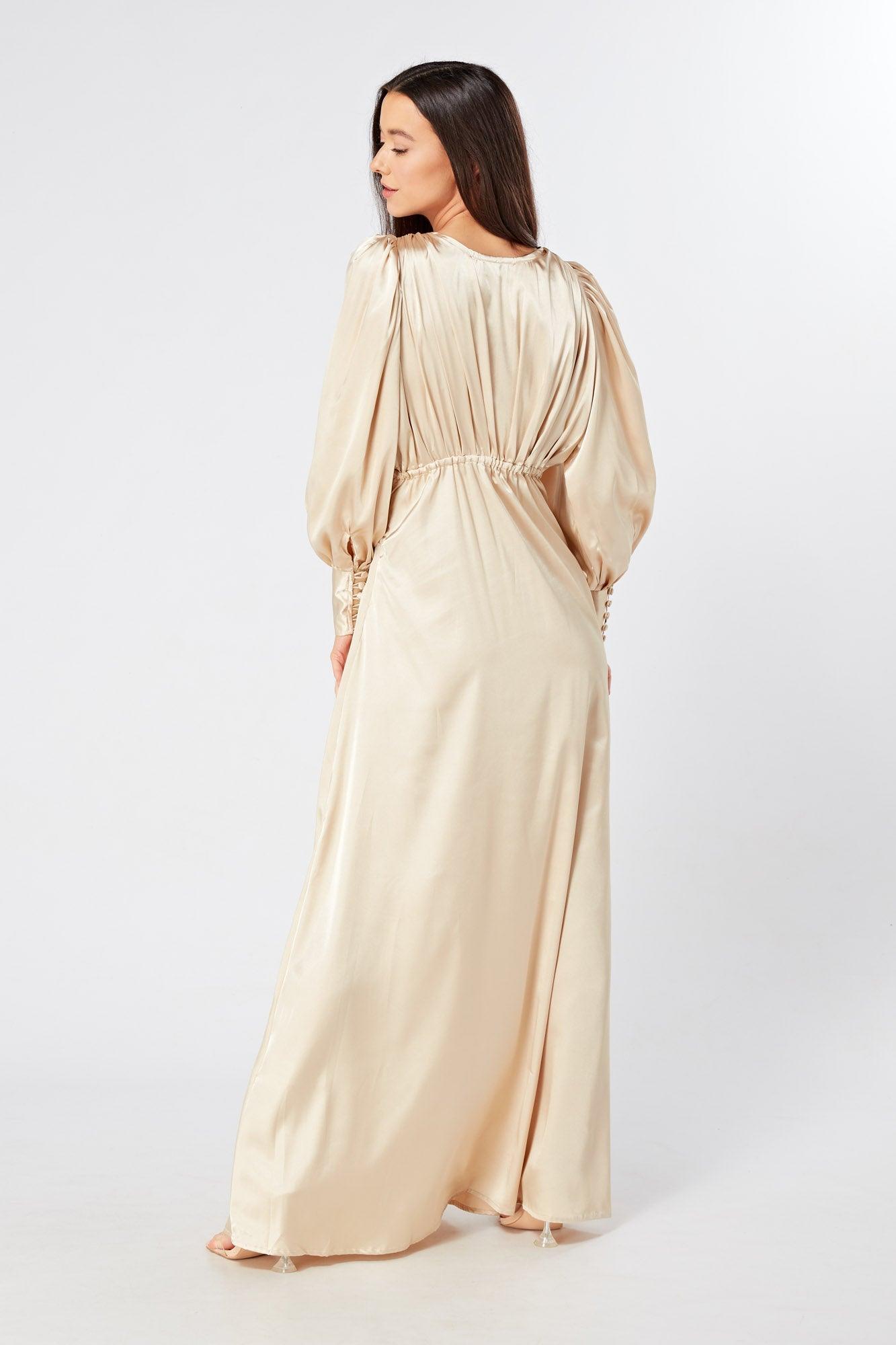 Gabriella Ivory Cream Maxi Satin Dress With Long Sleeves - TAHLIRA