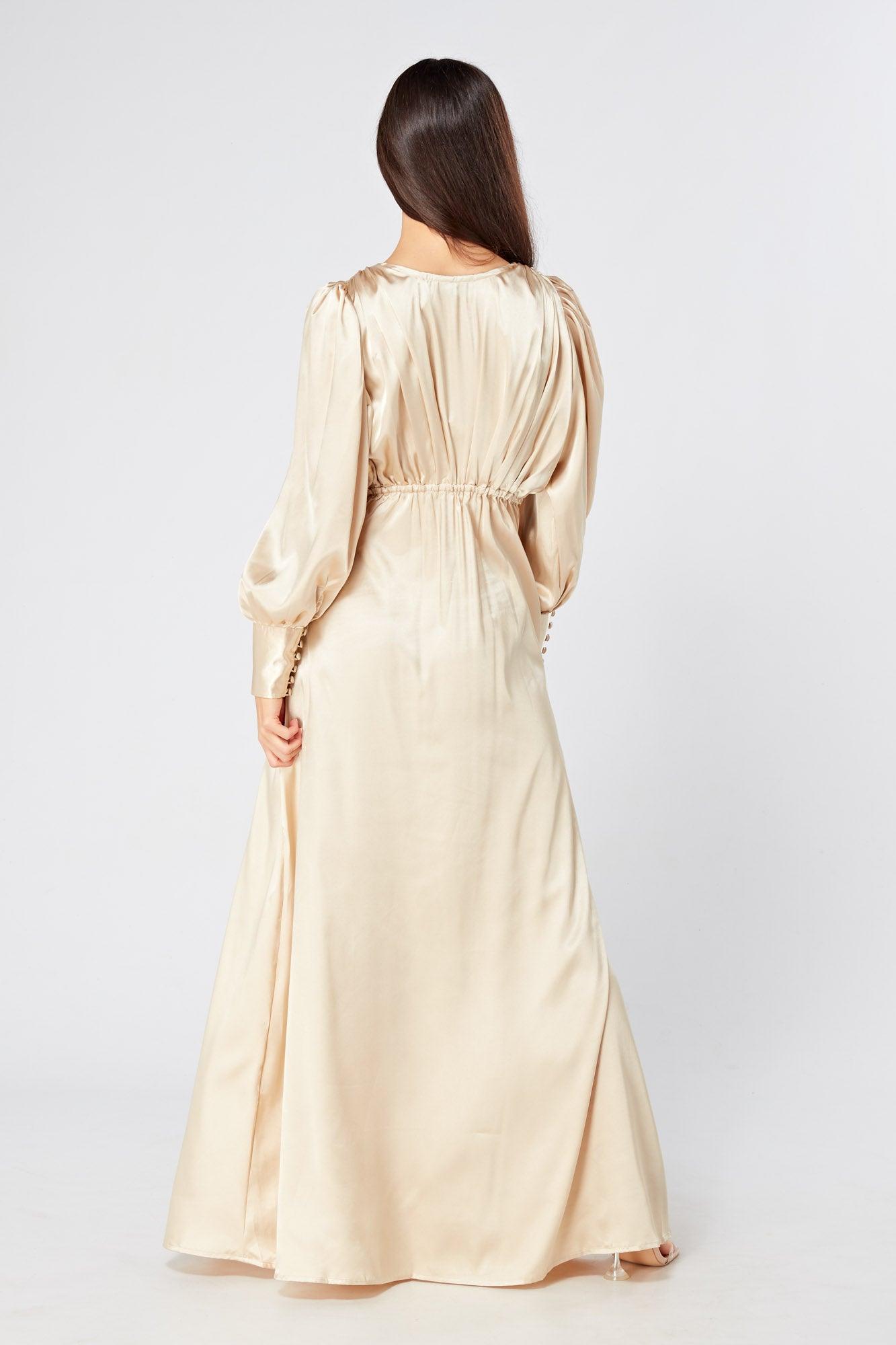 Gabriella Ivory Cream Maxi Satin Dress With Long Sleeves - TAHLIRA