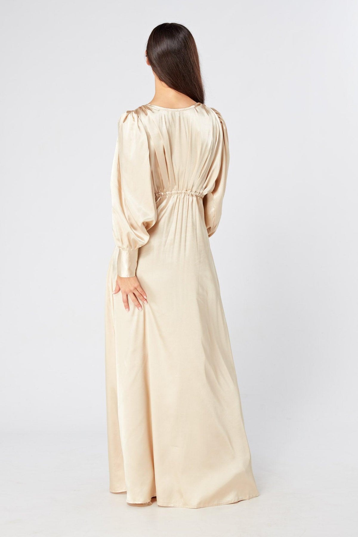 Gabriella Ivory Cream Maxi Satin Dress With Long Sleeves - TAHLIRA