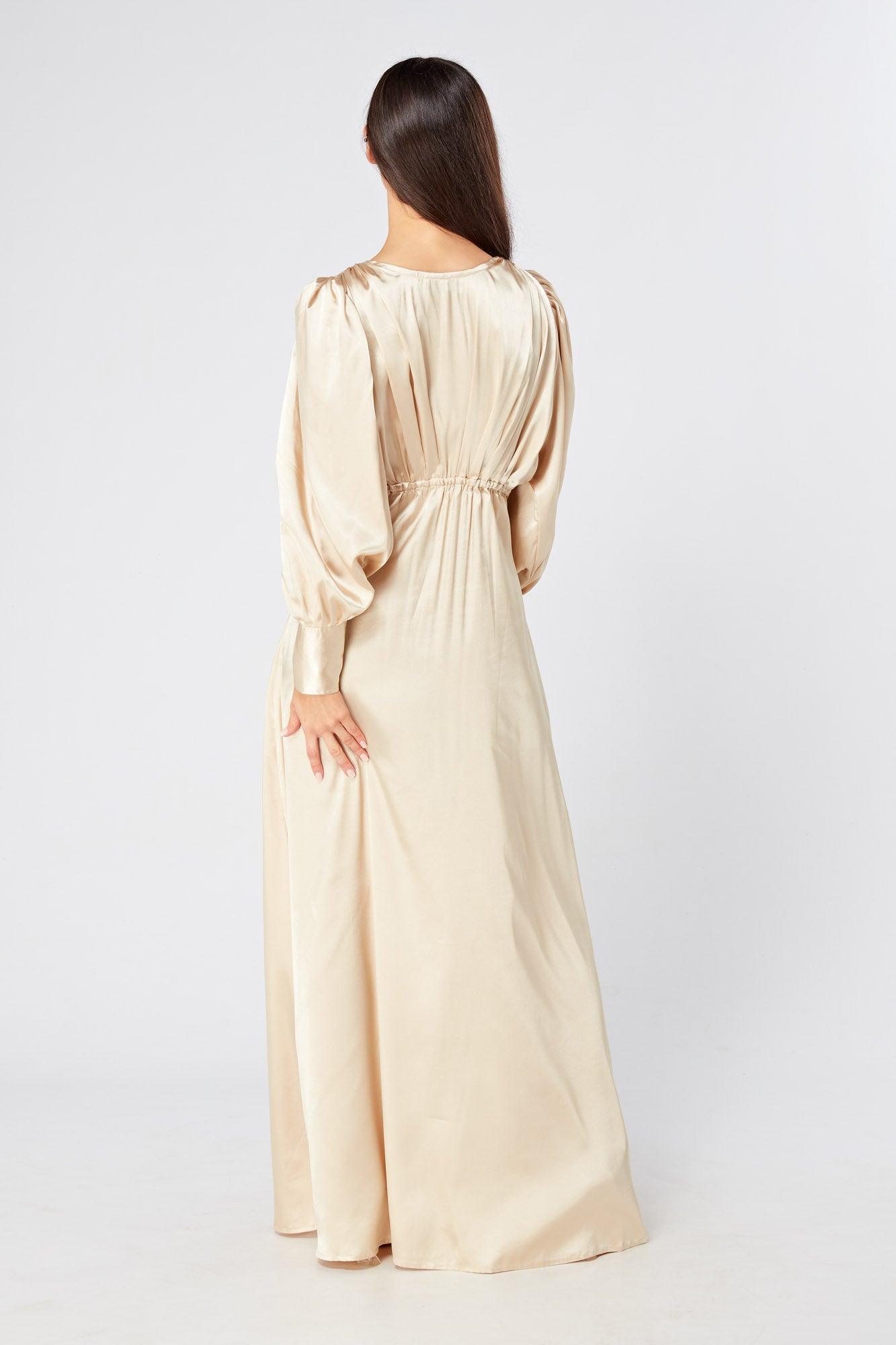 Gabriella Ivory Cream Maxi Satin Dress With Long Sleeves - TAHLIRA