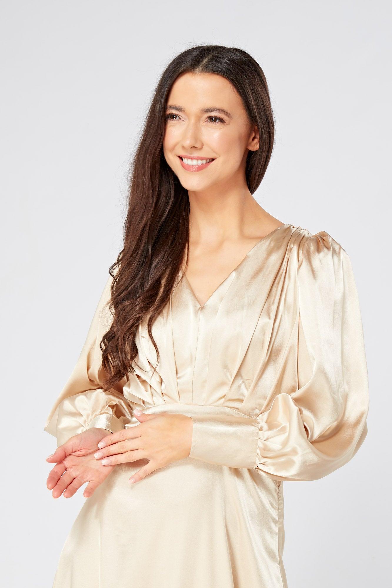 Gabriella Ivory Cream Maxi Satin Dress With Long Sleeves - TAHLIRA