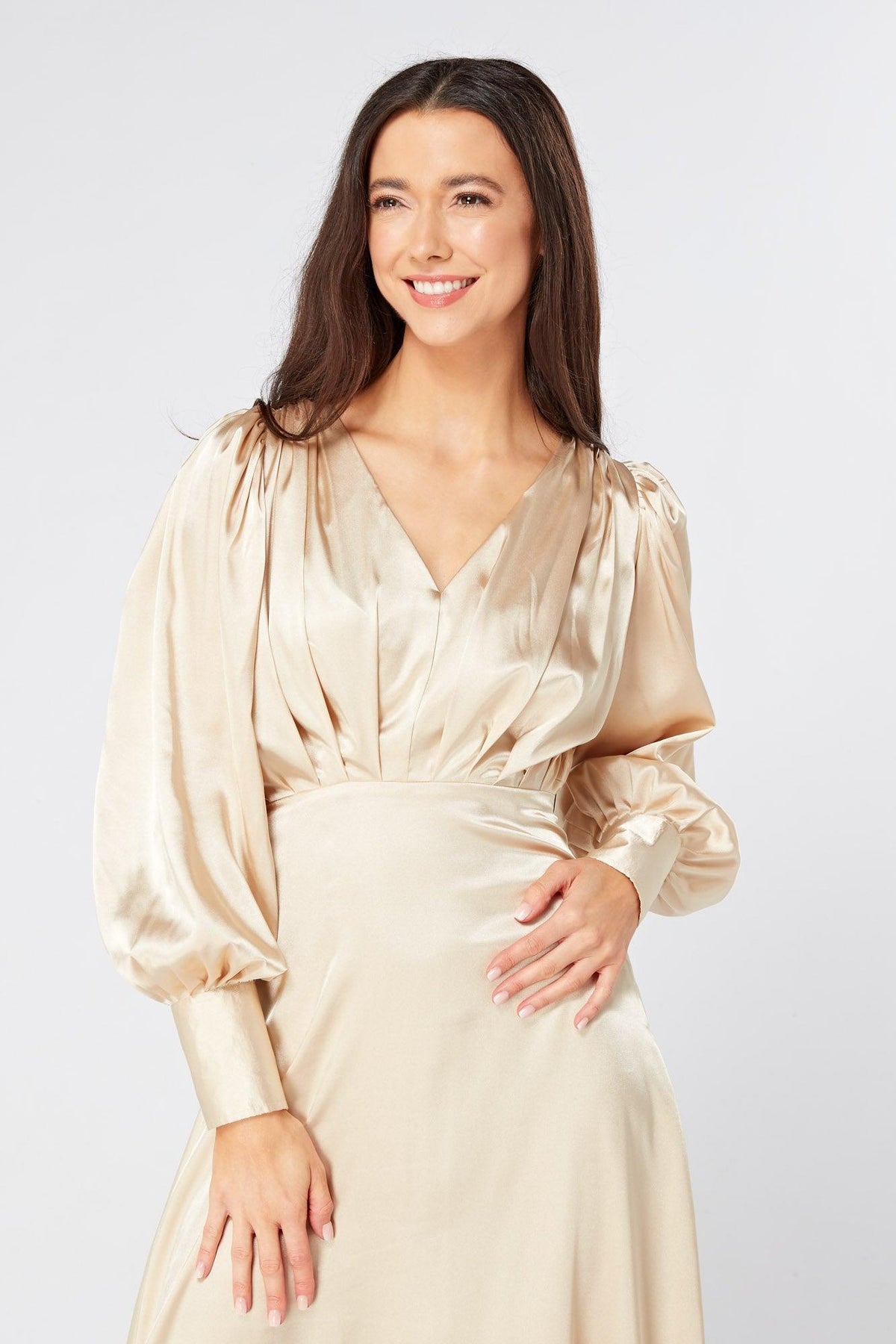 Gabriella Ivory Cream Maxi Satin Dress With Long Sleeves - TAHLIRA