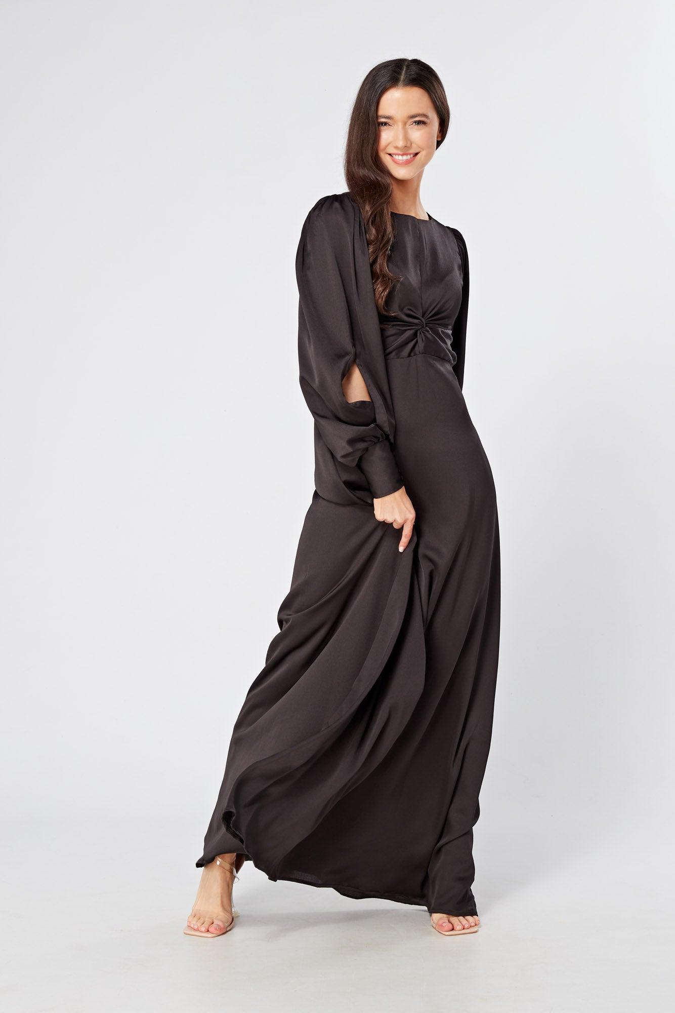 Lara Black Knotted Front Soft Crepe Maxi Dress - TAHLIRA