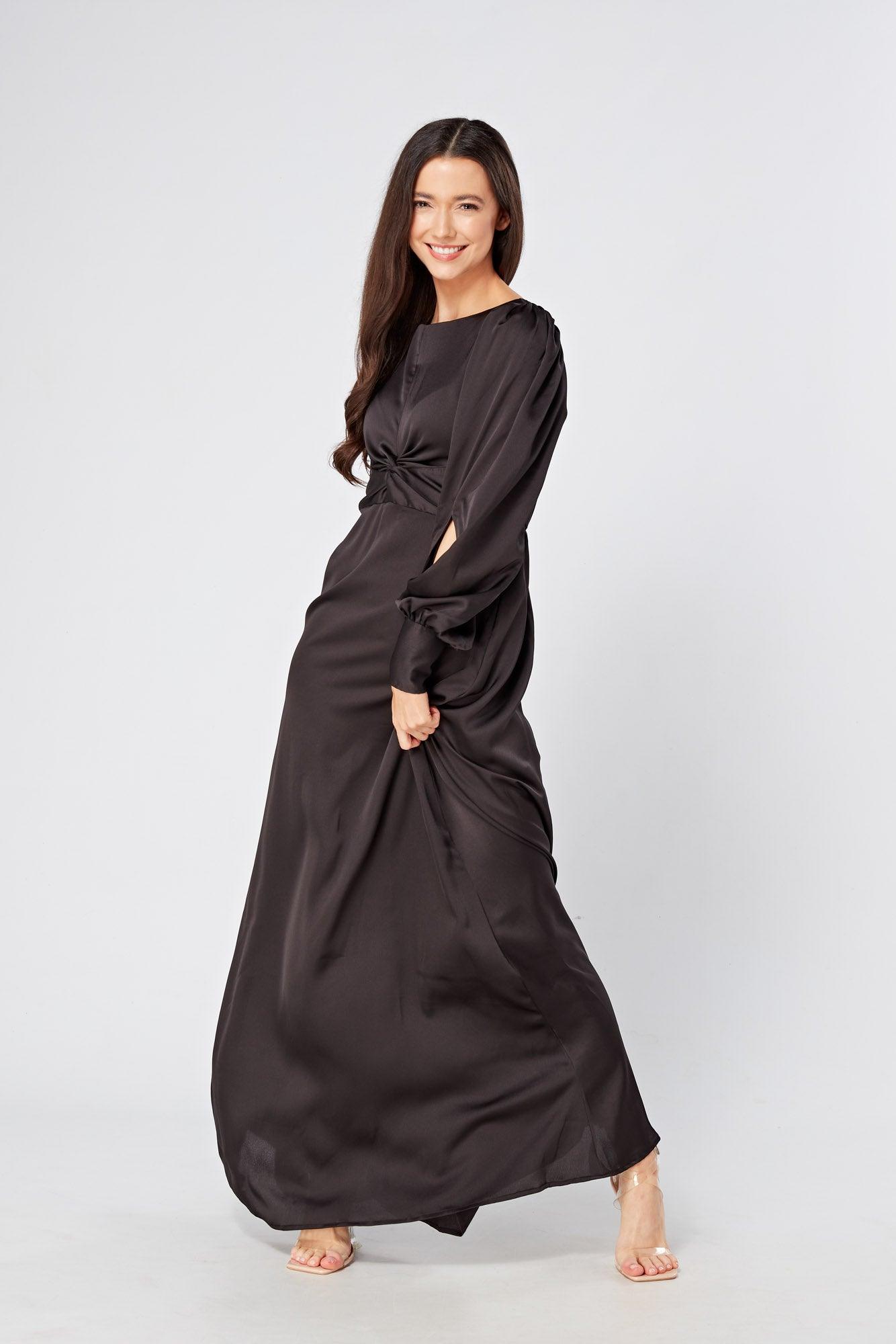 Lara Black Knotted Front Soft Crepe Maxi Dress - TAHLIRA