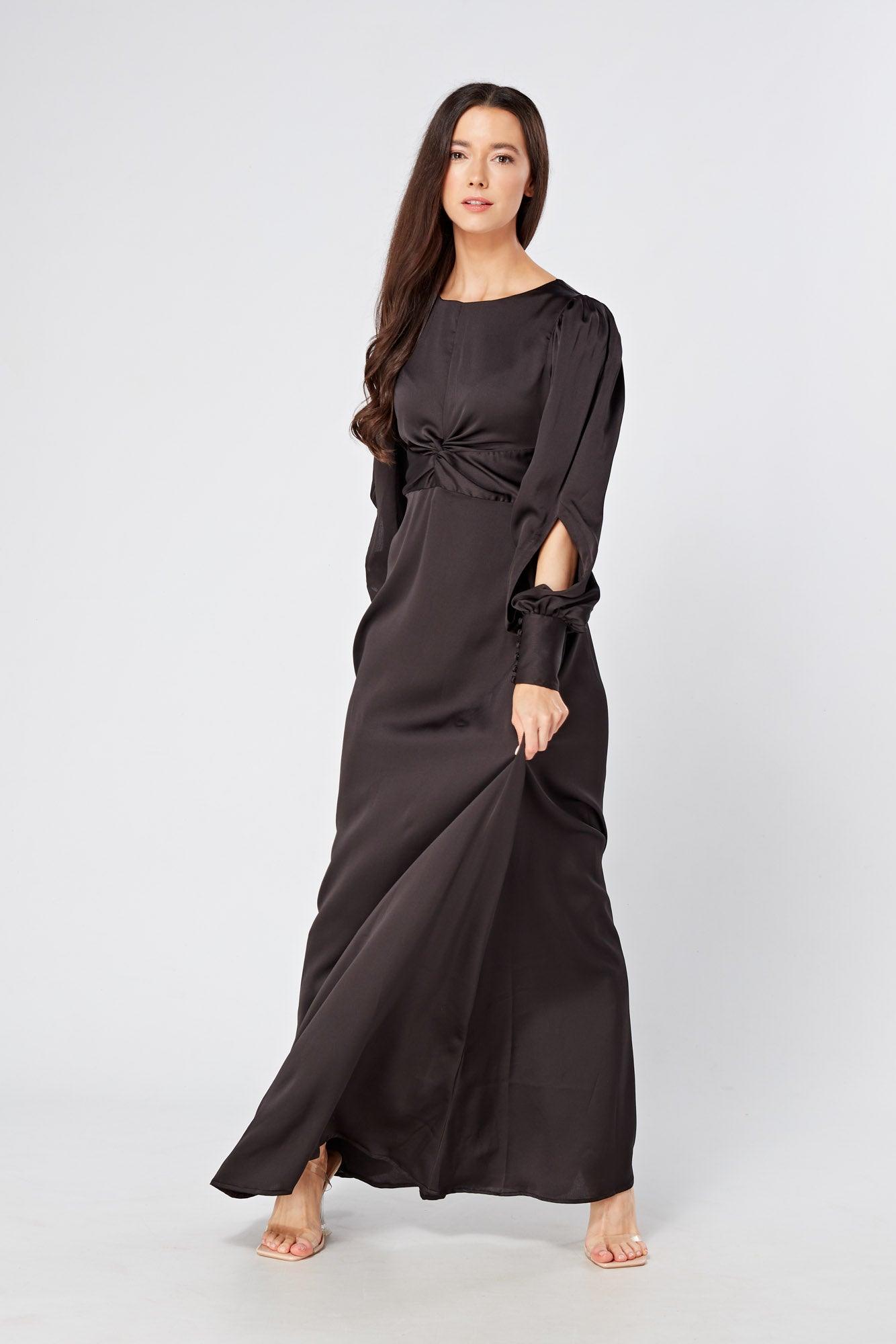 Lara Black Knotted Front Soft Crepe Maxi Dress - TAHLIRA