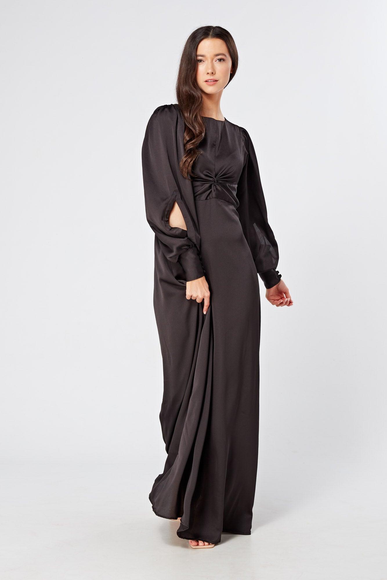 Lara Black Knotted Front Soft Crepe Maxi Dress - TAHLIRA