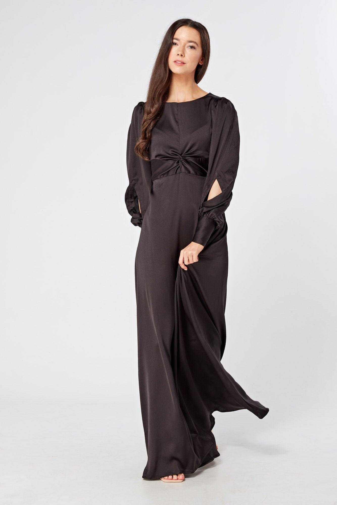 Lara Black Knotted Front Soft Crepe Maxi Dress - TAHLIRA