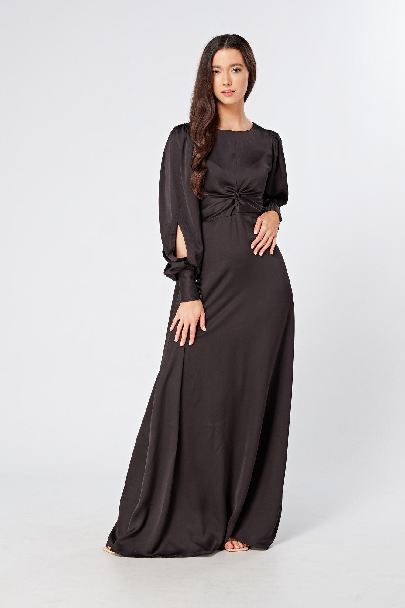 Lara Black Knotted Front Soft Crepe Maxi Dress - TAHLIRA