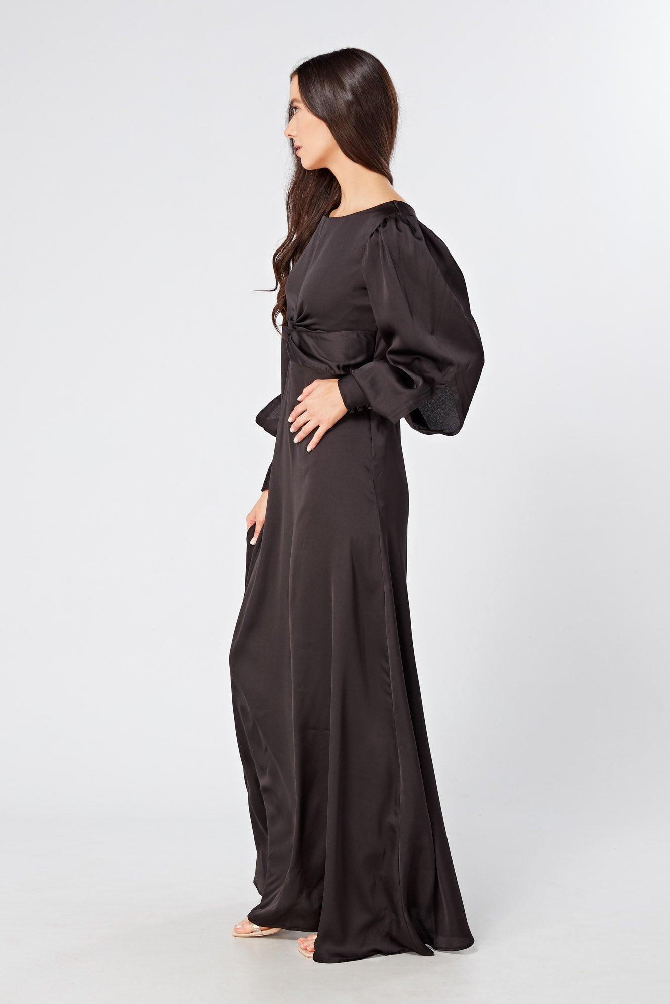 Lara Black Knotted Front Soft Crepe Maxi Dress - TAHLIRA