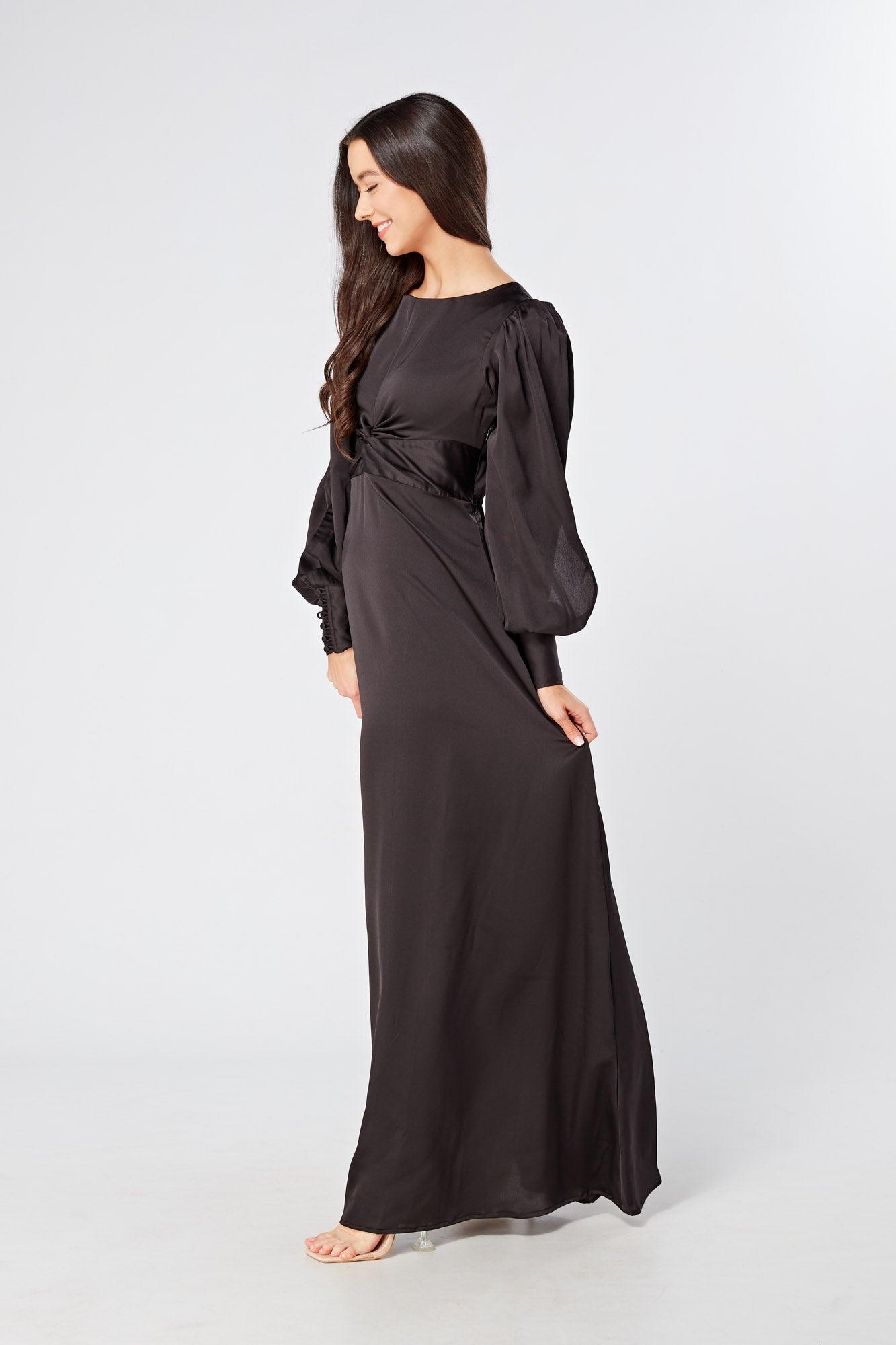 Lara Black Knotted Front Soft Crepe Maxi Dress - TAHLIRA