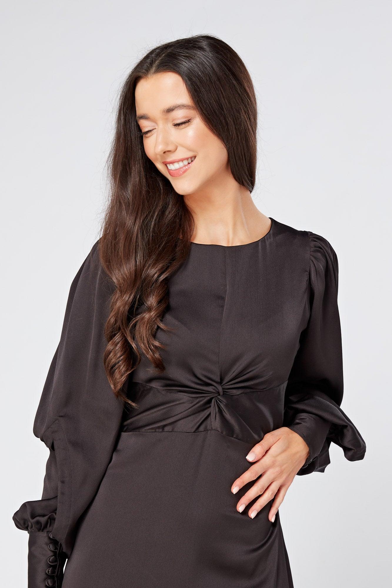 Lara Black Knotted Front Soft Crepe Maxi Dress - TAHLIRA