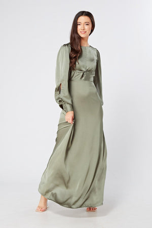Olivia Sea Green Knotted Front Soft Crepe Maxi Dress - TAHLIRA