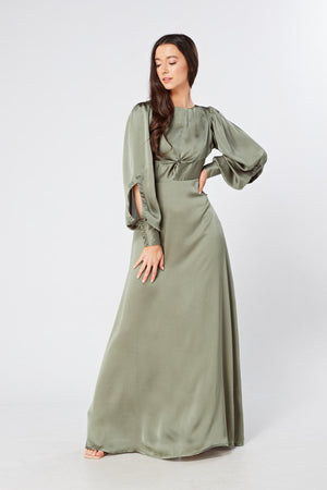 Olivia Sea Green Knotted Front Soft Crepe Maxi Dress - TAHLIRA