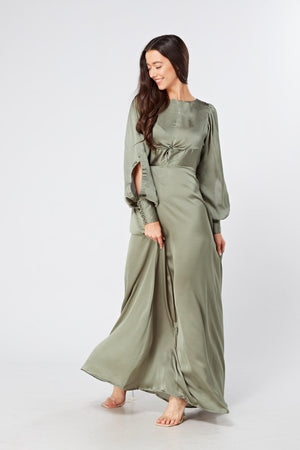 Olivia Sea Green Knotted Front Soft Crepe Maxi Dress - TAHLIRA