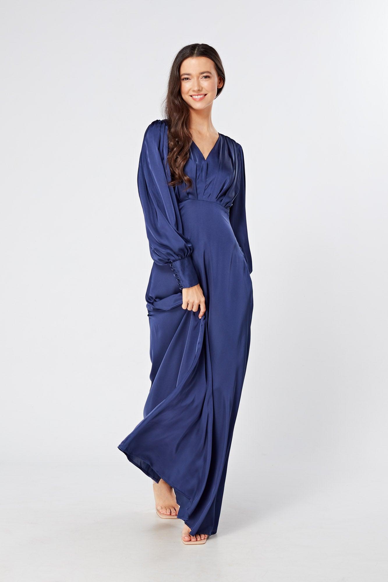 Afina Dark Blue Satin Maxi Dress With Long Sleeves - TAHLIRA