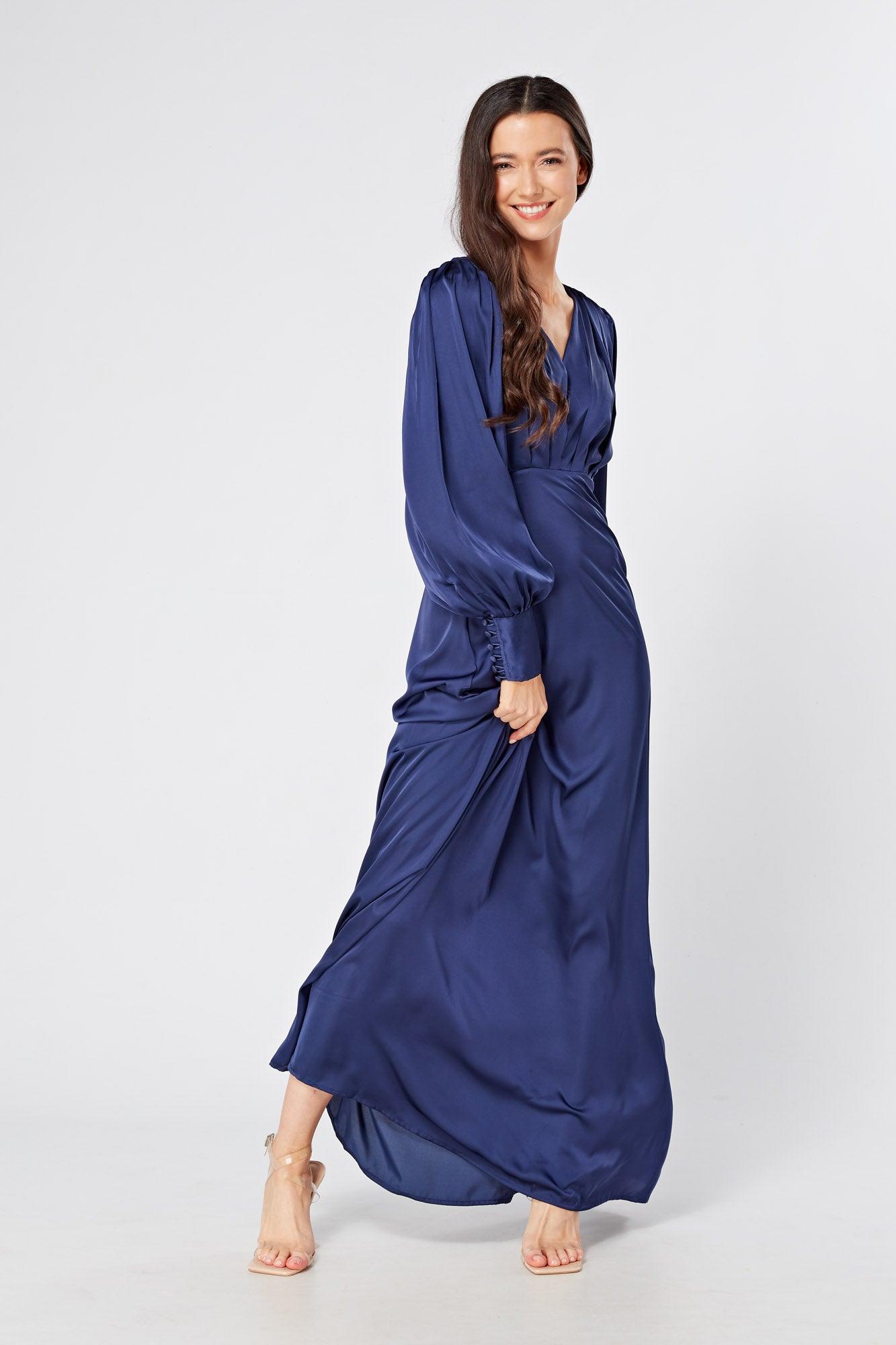 Afina Dark Blue Satin Maxi Dress With Long Sleeves - TAHLIRA