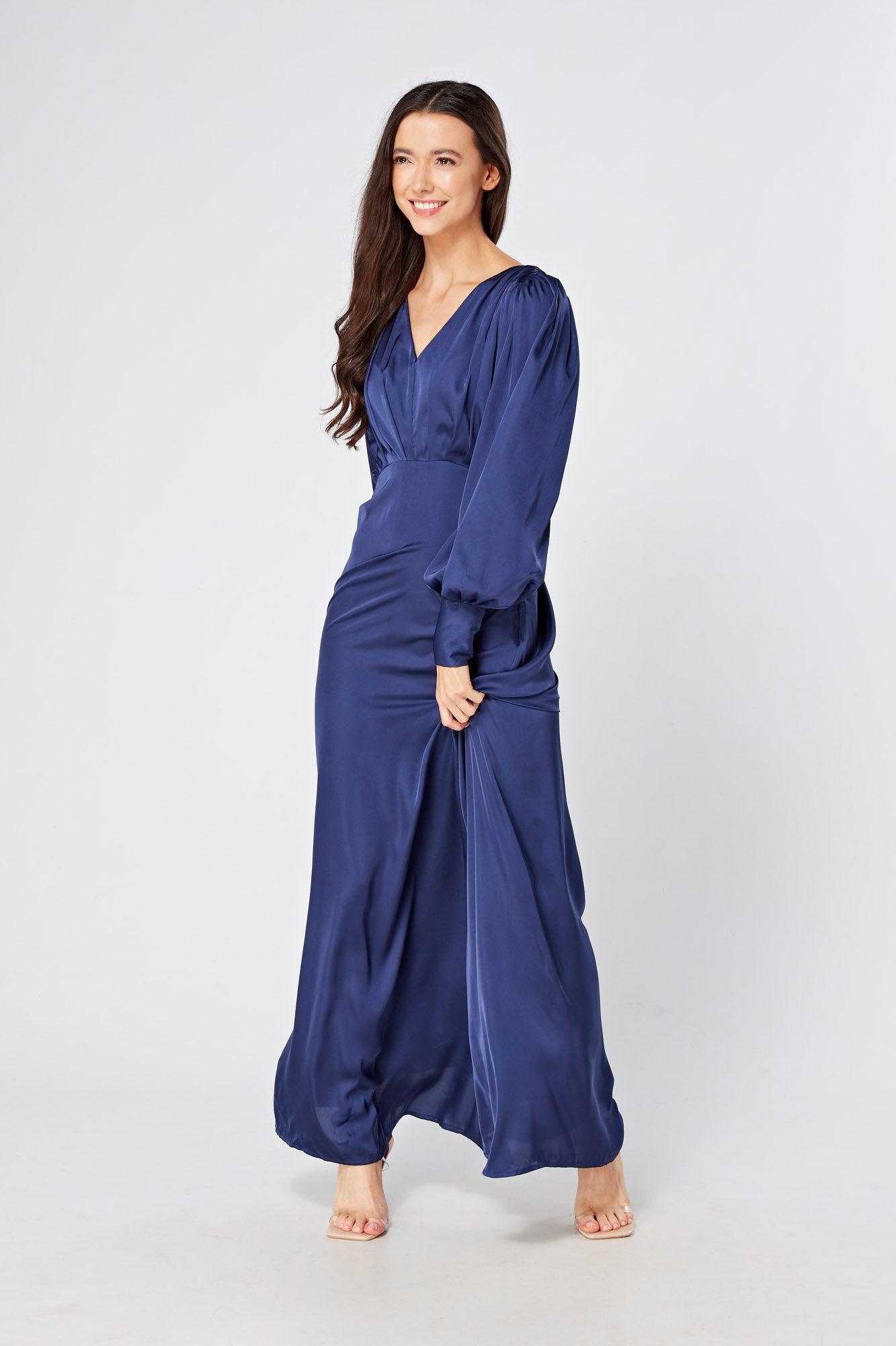 Afina Dark Blue Satin Maxi Dress With Long Sleeves - TAHLIRA