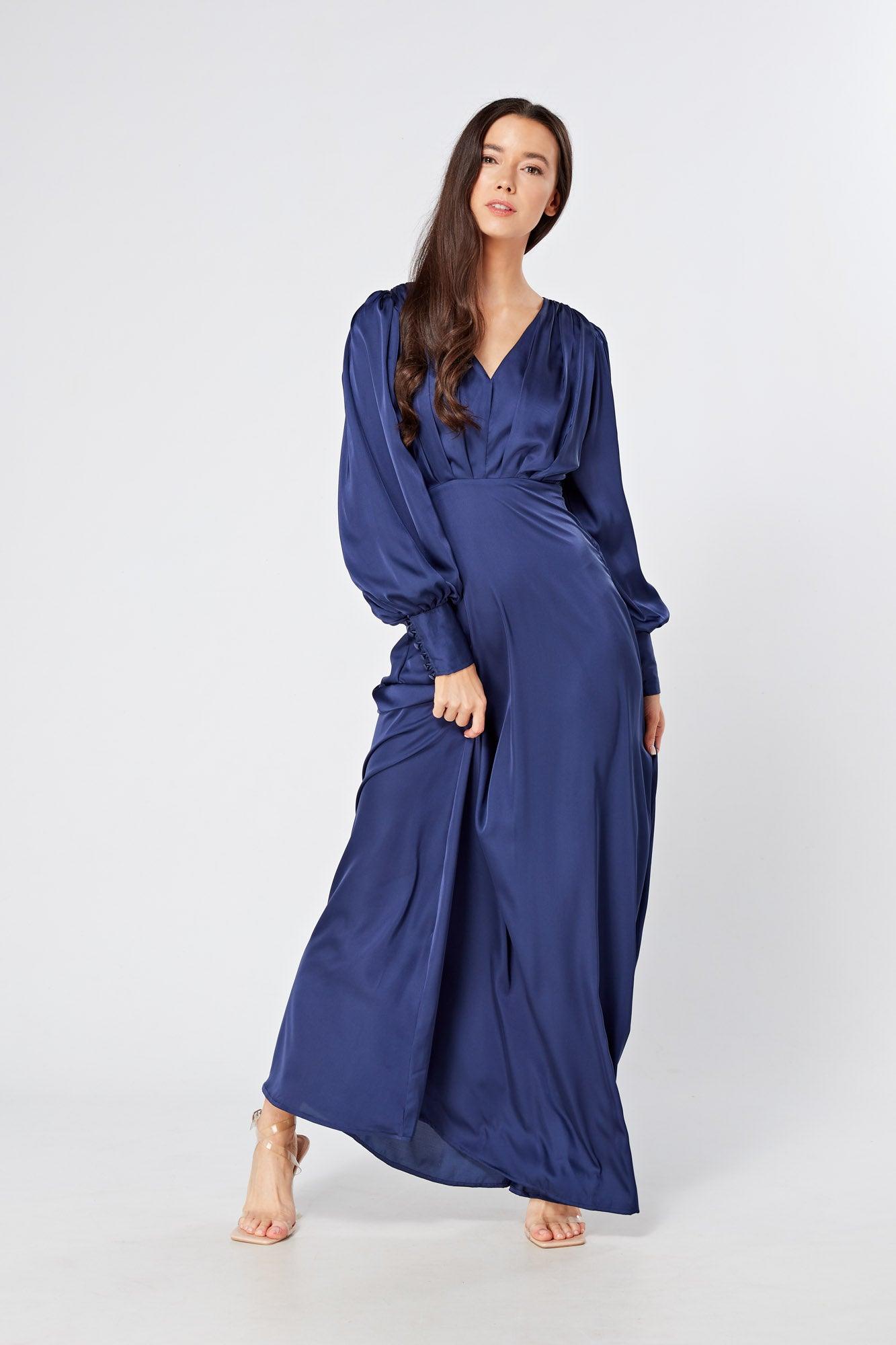 Afina Dark Blue Satin Maxi Dress With Long Sleeves - TAHLIRA