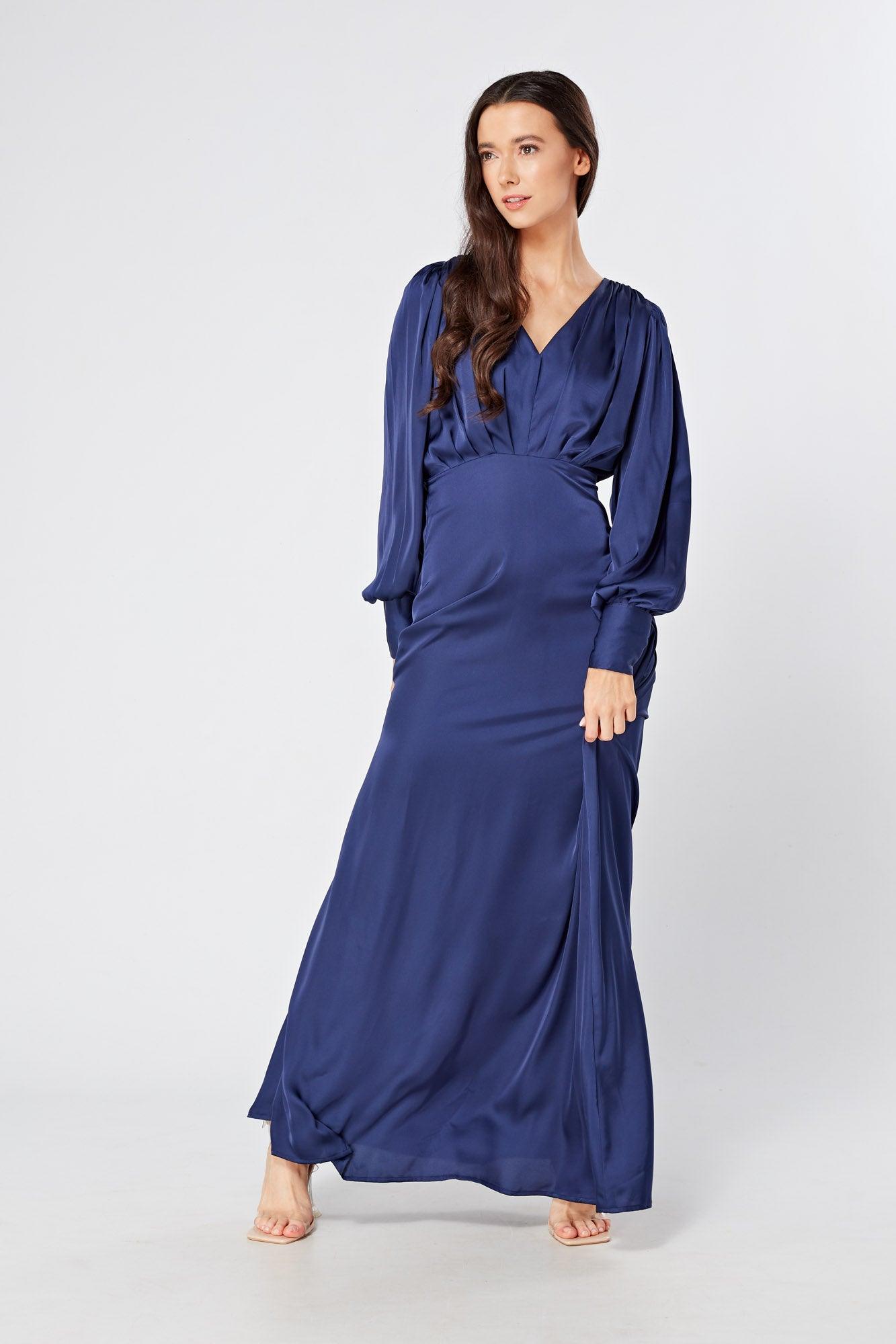 Afina Dark Blue Satin Maxi Dress With Long Sleeves - TAHLIRA