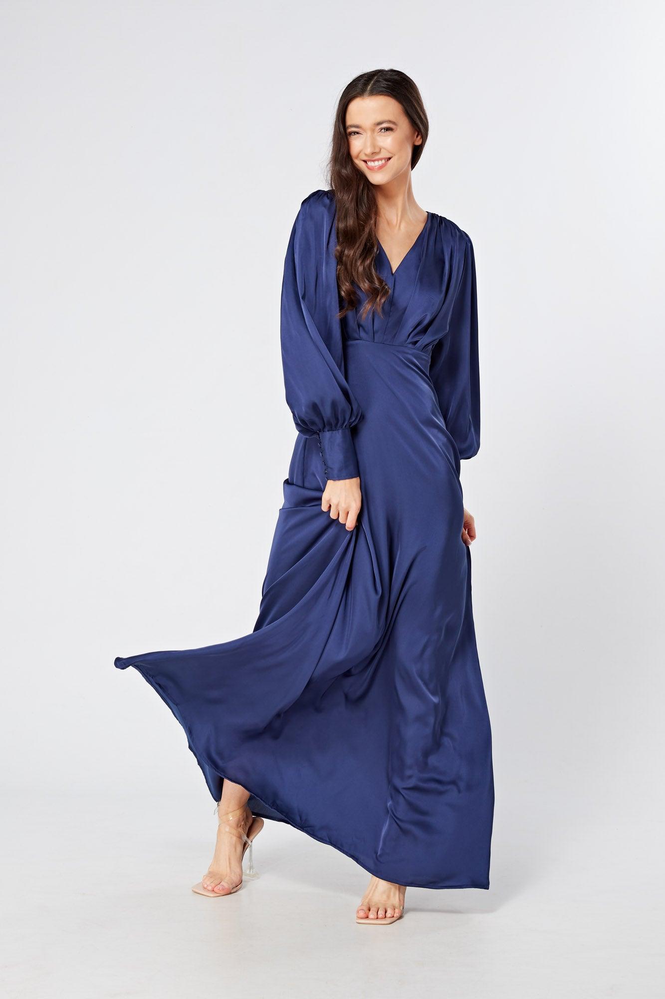 Afina Dark Blue Satin Maxi Dress With Long Sleeves - TAHLIRA