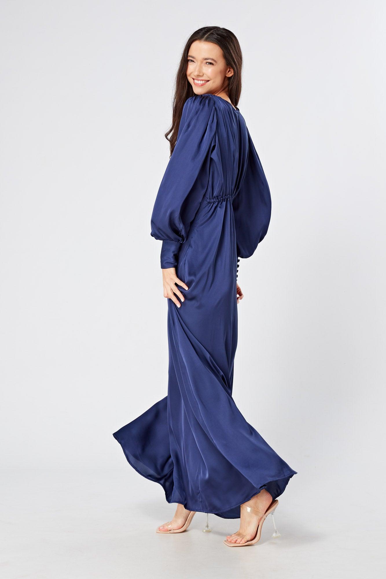 Afina Dark Blue Satin Maxi Dress With Long Sleeves - TAHLIRA