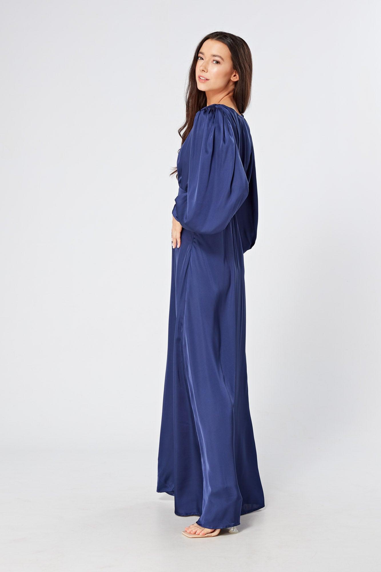 Afina Dark Blue Satin Maxi Dress With Long Sleeves - TAHLIRA