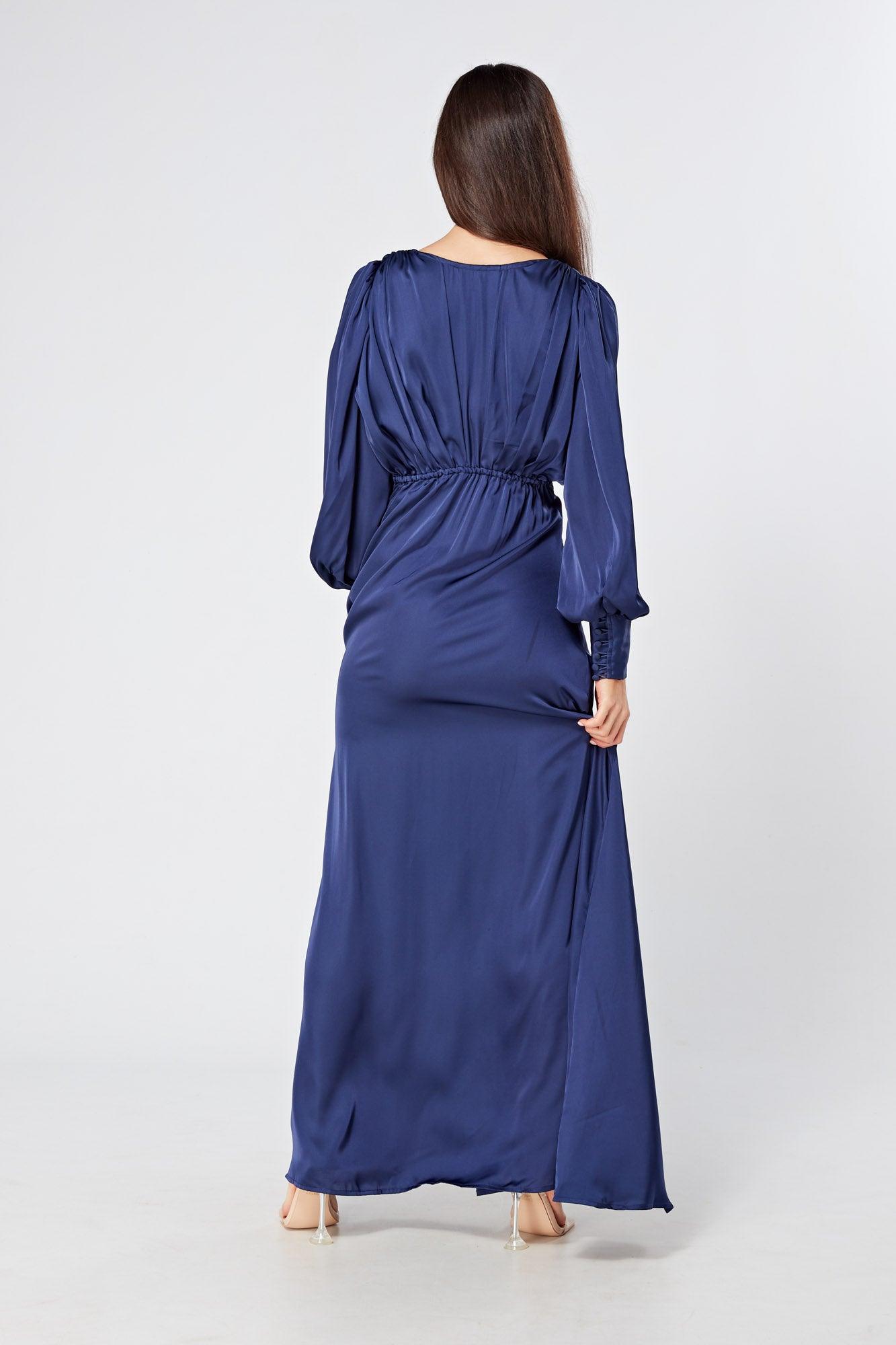 Afina Dark Blue Satin Maxi Dress With Long Sleeves - TAHLIRA