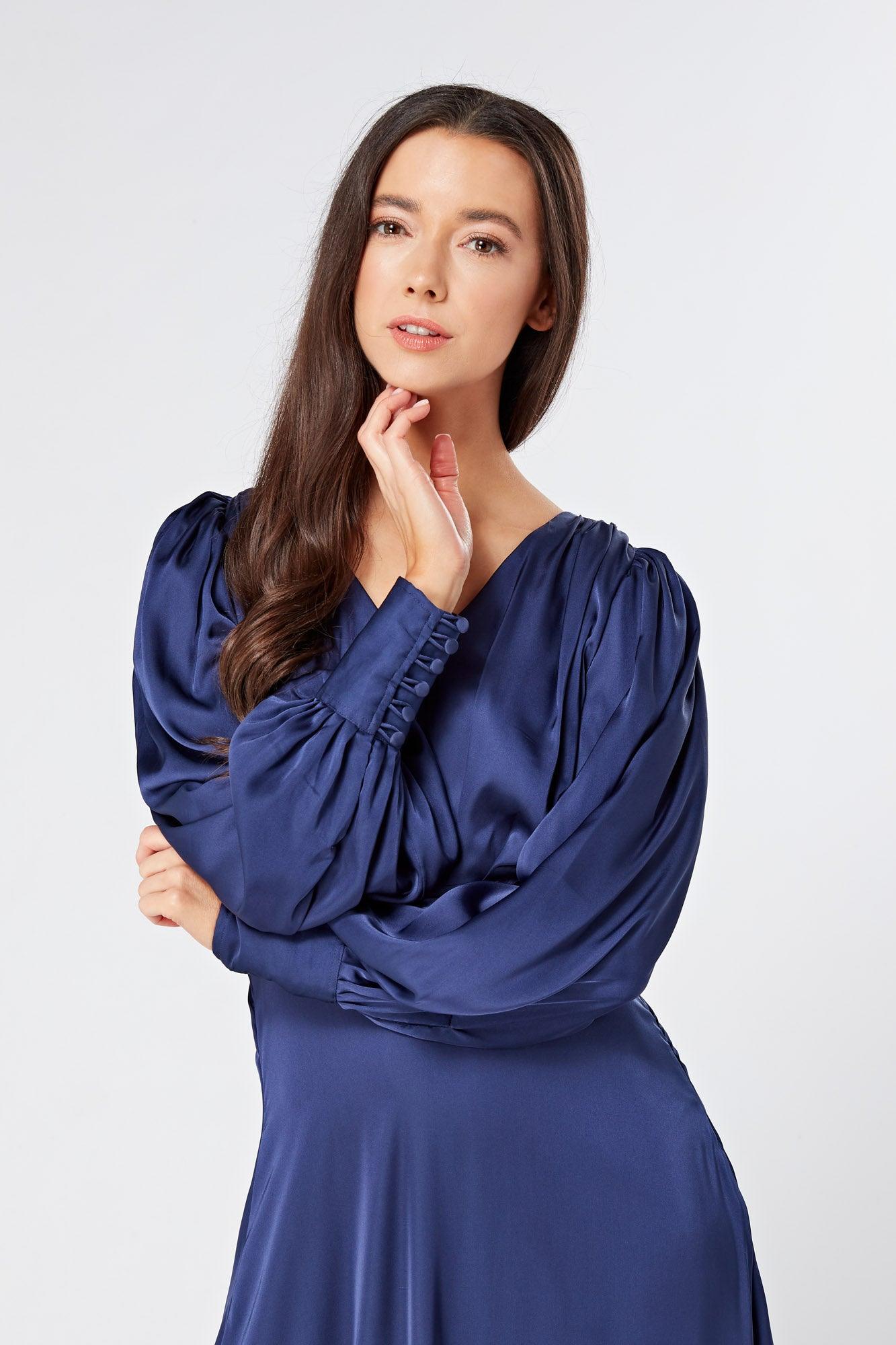 Afina Dark Blue Satin Maxi Dress With Long Sleeves - TAHLIRA