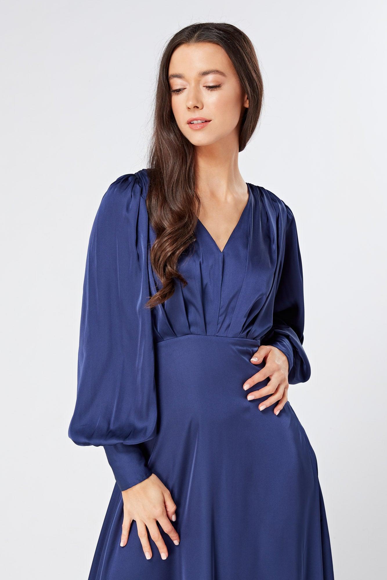 Afina Dark Blue Satin Maxi Dress With Long Sleeves - TAHLIRA